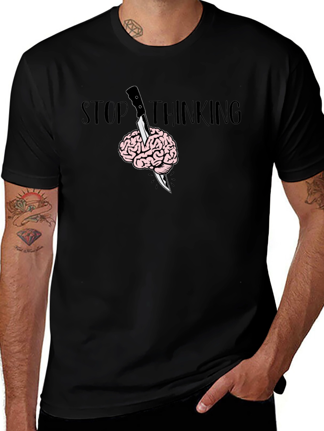 Variant 25 of Stop Thinking Graphic T-Shirt - Brain Knife Tee