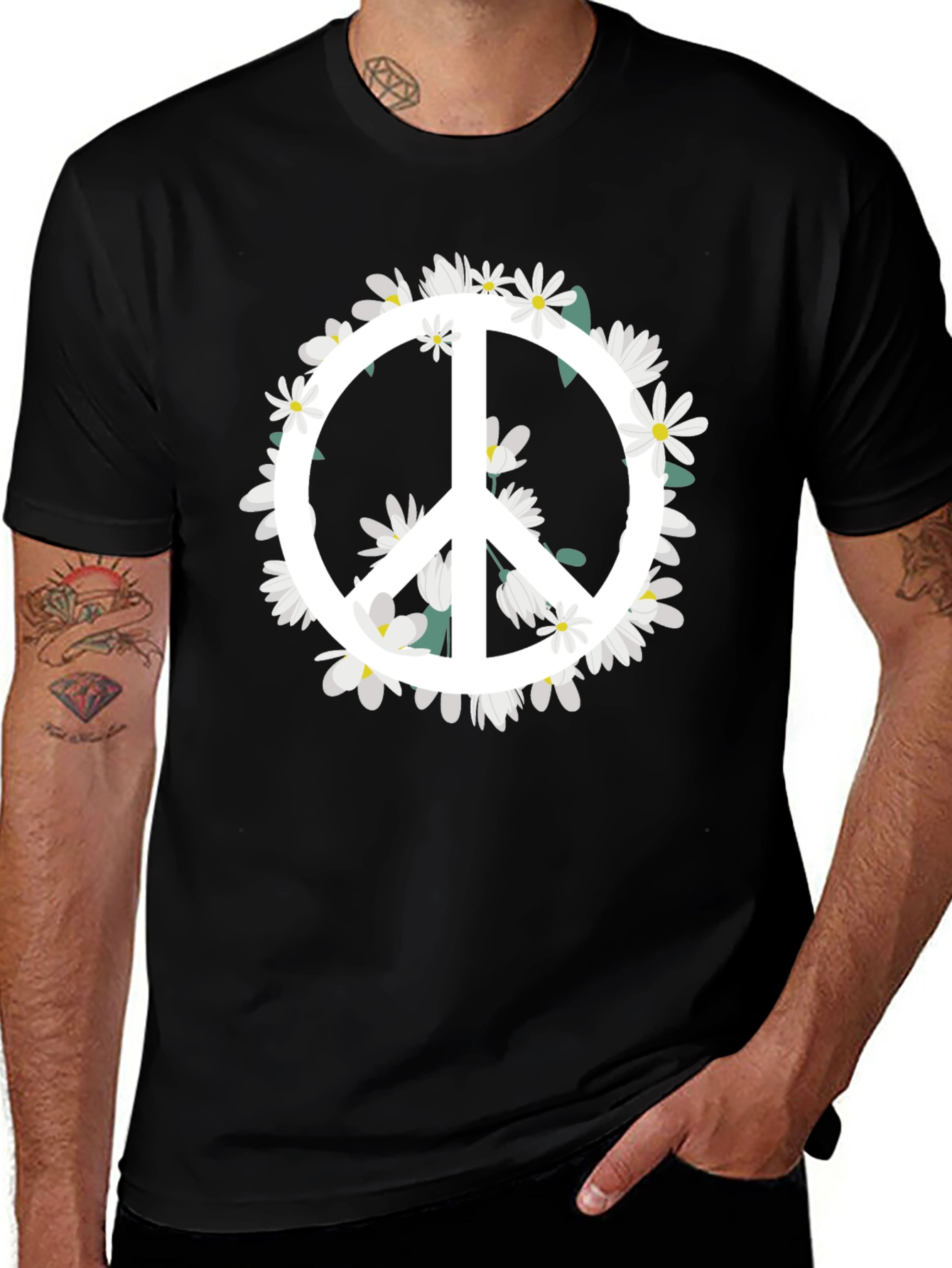 Variant 22 of Peace Sign Floral Graphic Tee - Black