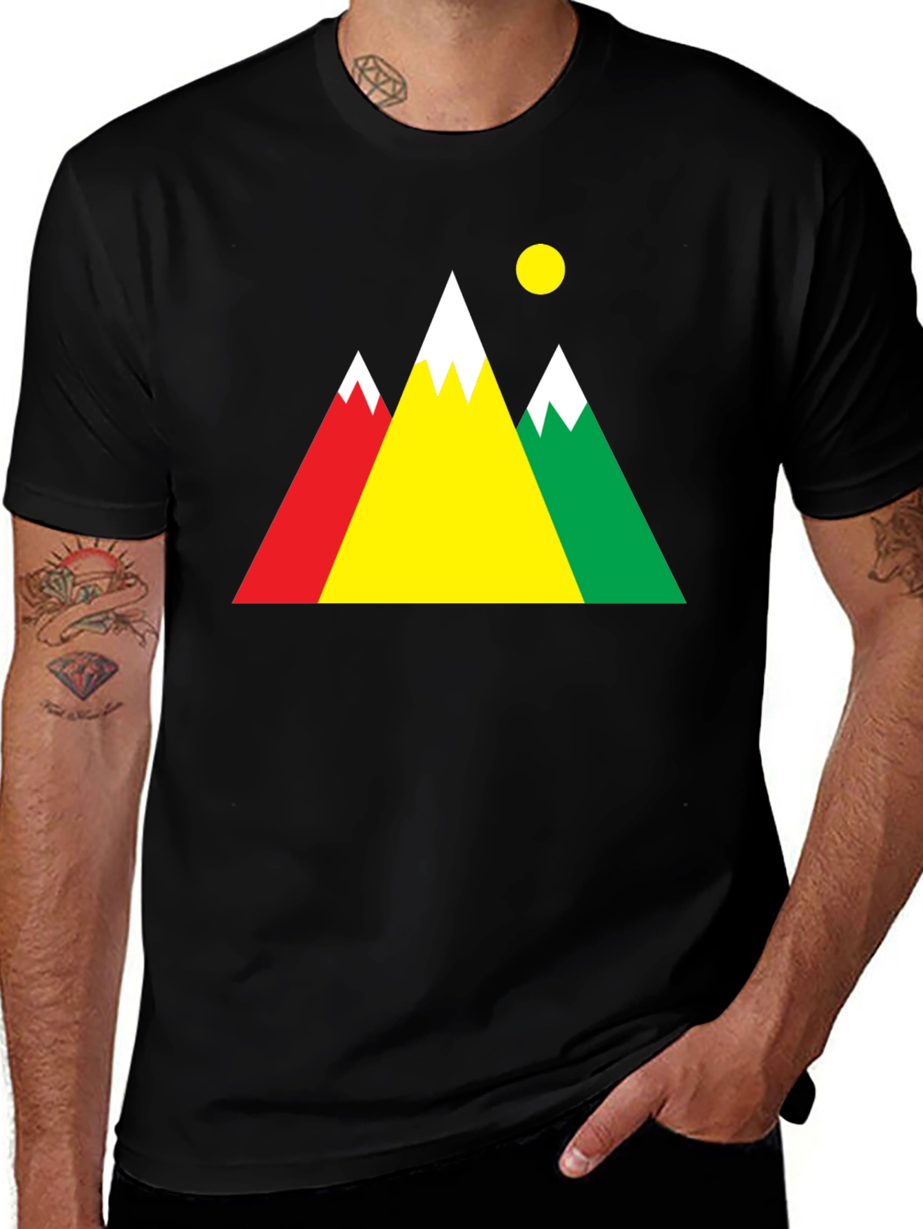 Variant 16 of Colorful Mountains Graphic Tee - Black Cotton Shirt