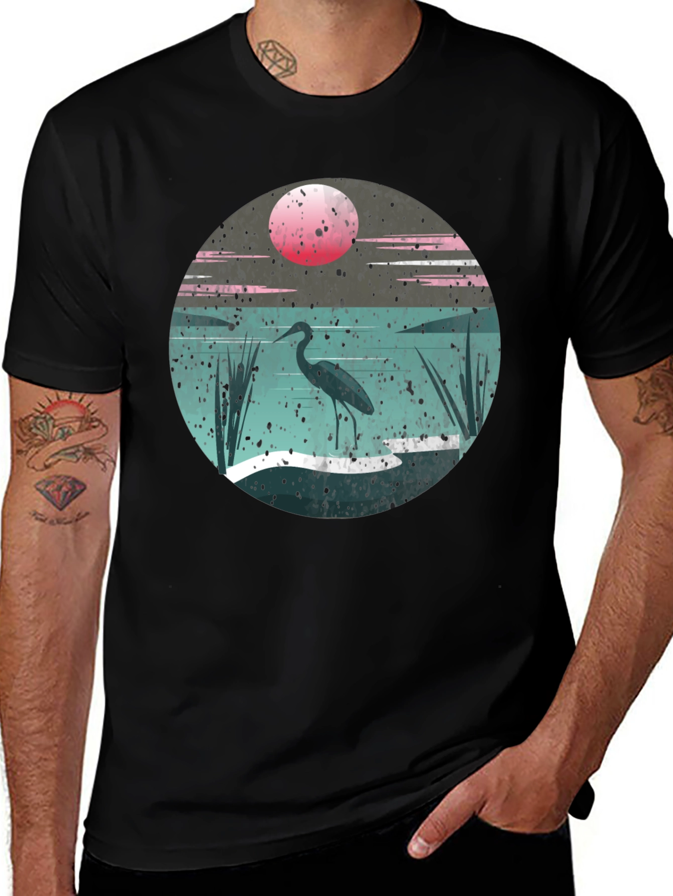 Heron Sunset Graphic Tee - Unique Nature Design