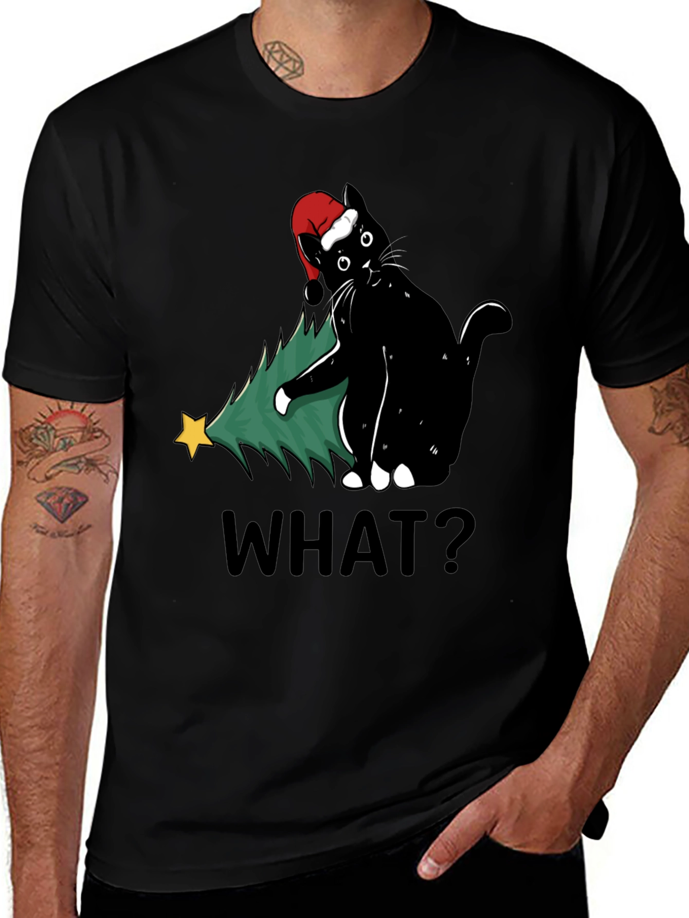 Variant 14 of Funny Black Cat Christmas Tree What? T-Shirt