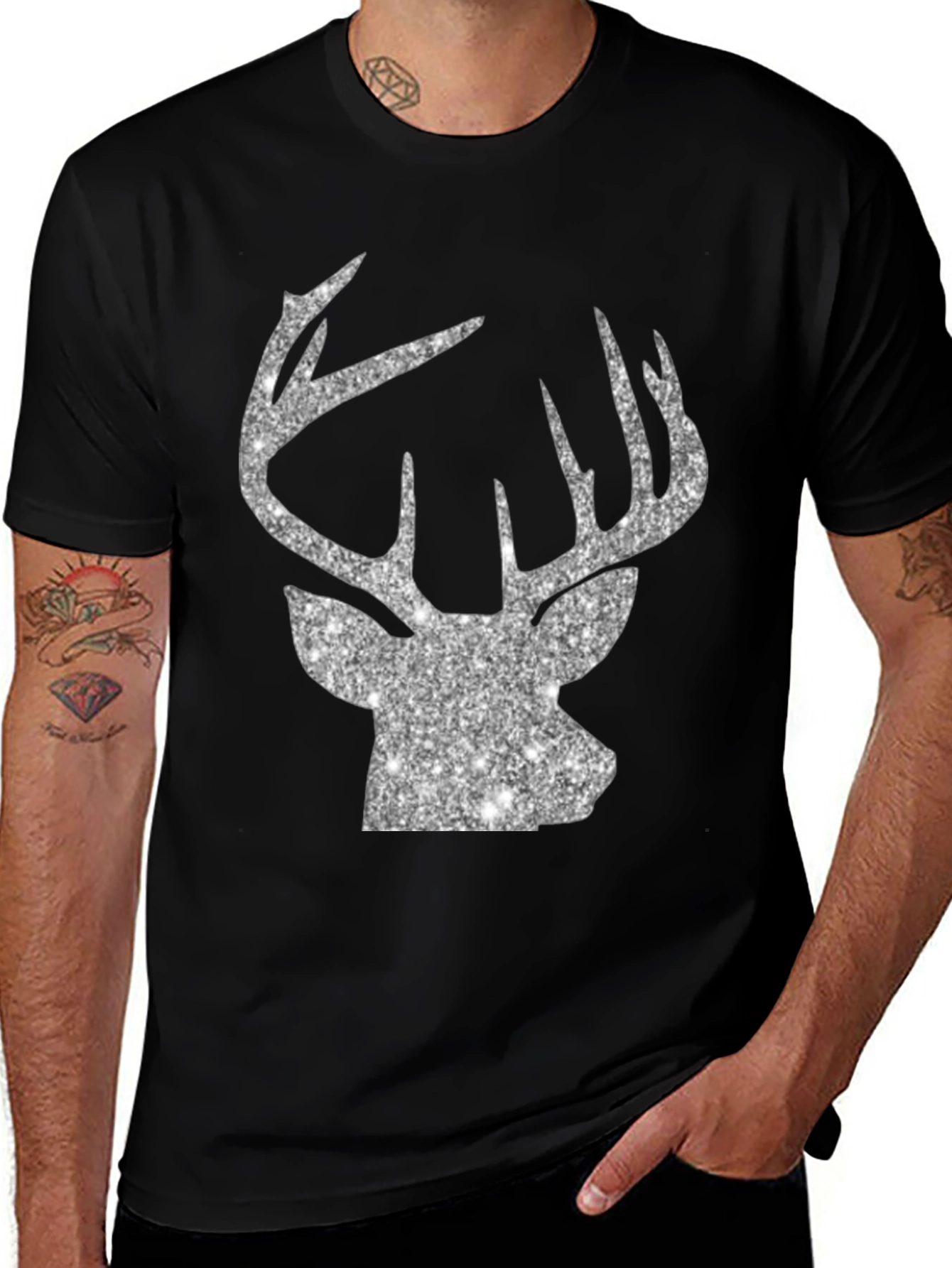 Variant 16 of Deer Head Glitter Graphic Black T-Shirt