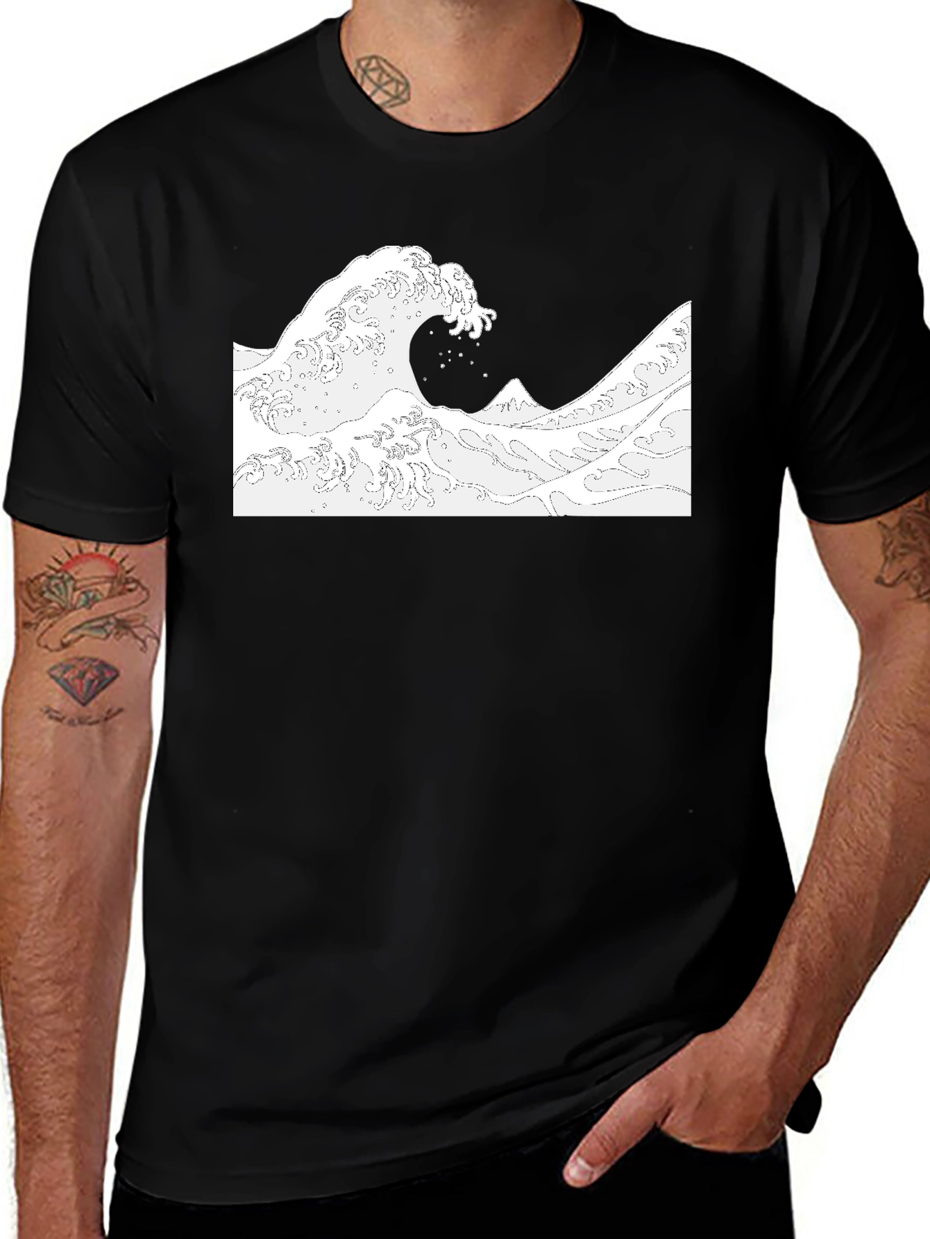 Great Wave Graphic Tee - Black Cotton T-Shirt