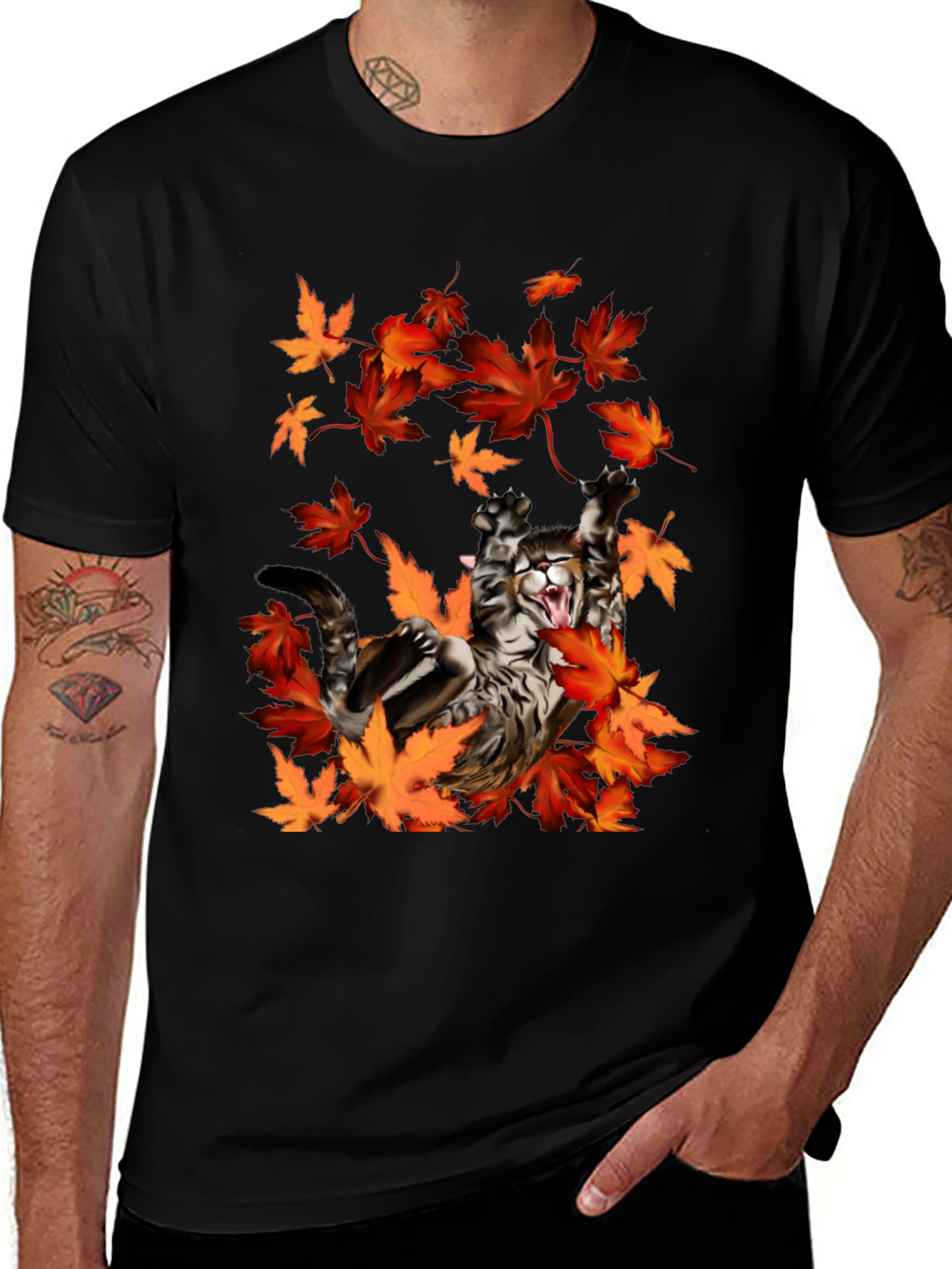Variant 2 of Cat in Autumn Leaves Black Graphic T-Shirt
