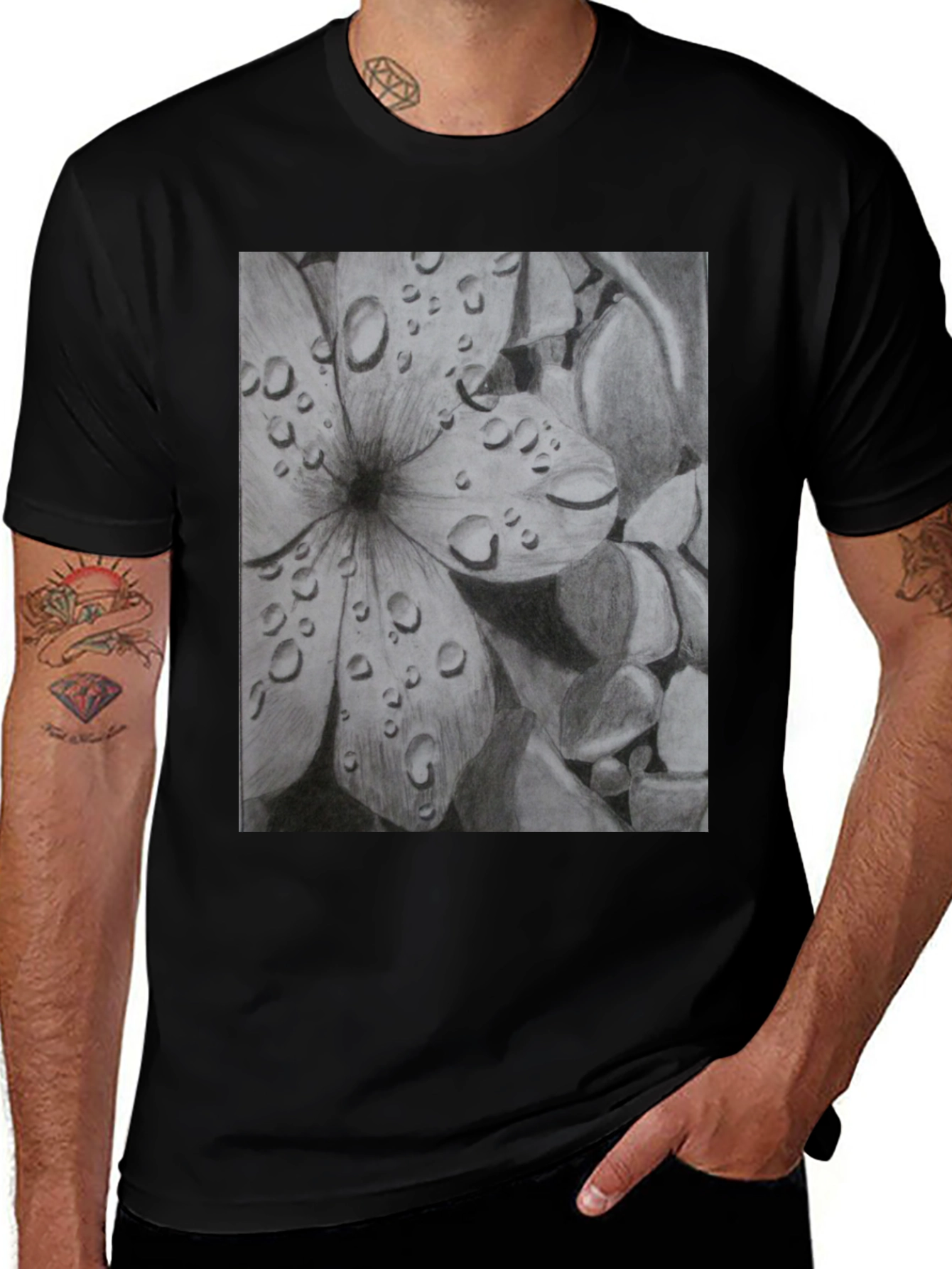 Variant 26 of Black Flower T-Shirt With Water Droplet Design