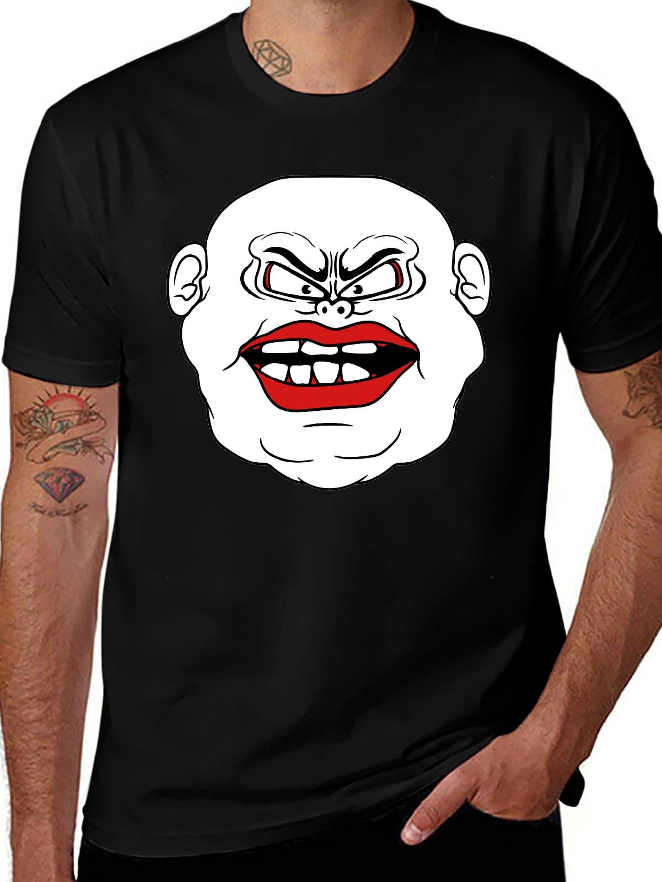 Variant 13 of Men's Black T-Shirt with Cartoon Face Graphic