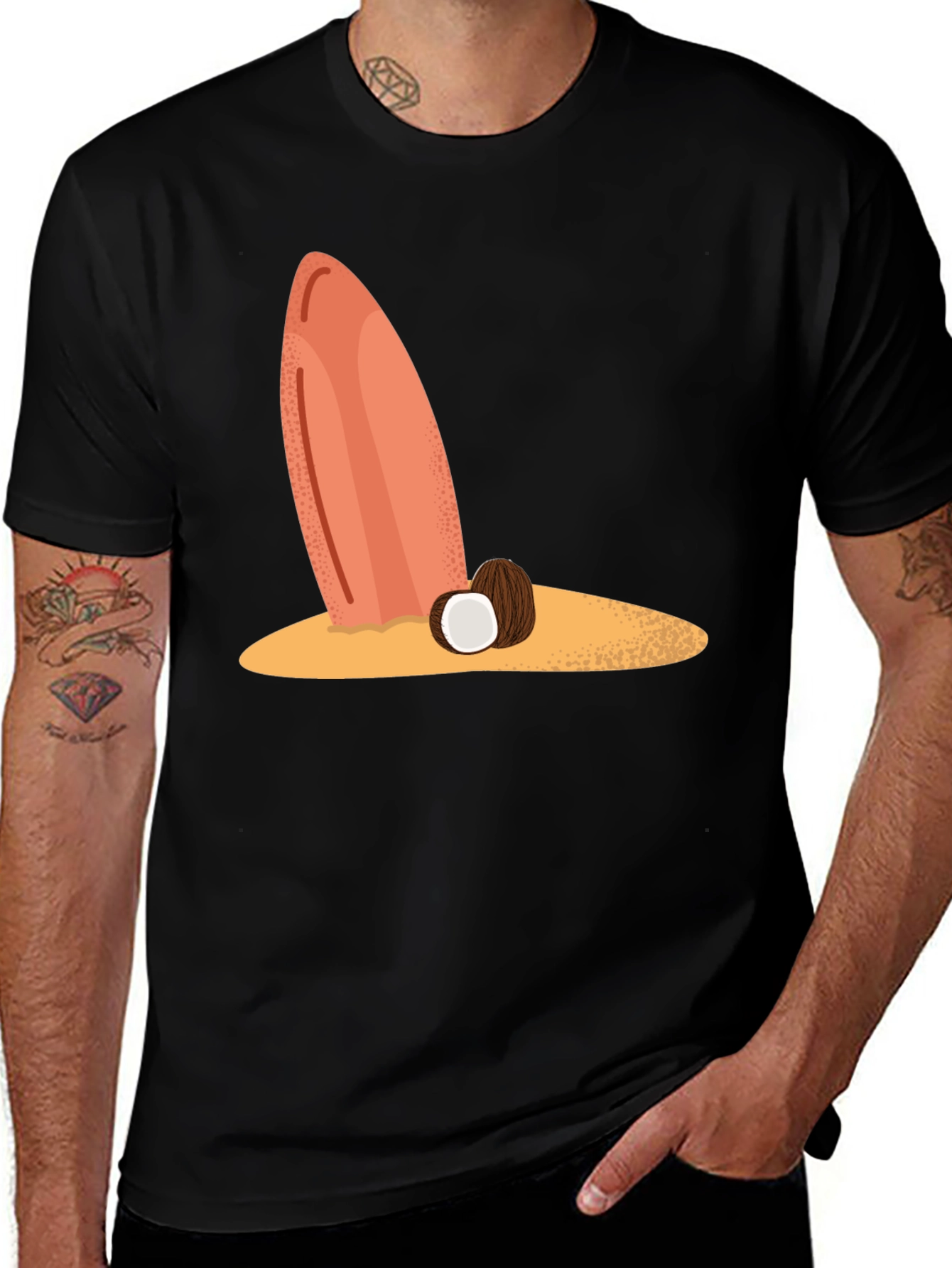 Variant 19 of Surfboard & Coconut Black Tee - Tropical Beach Vibes