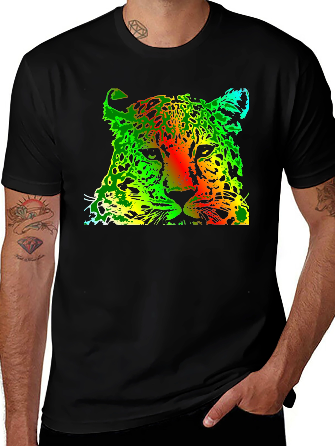 Variant 28 of Rasta Leopard Graphic Print Black T-Shirt
