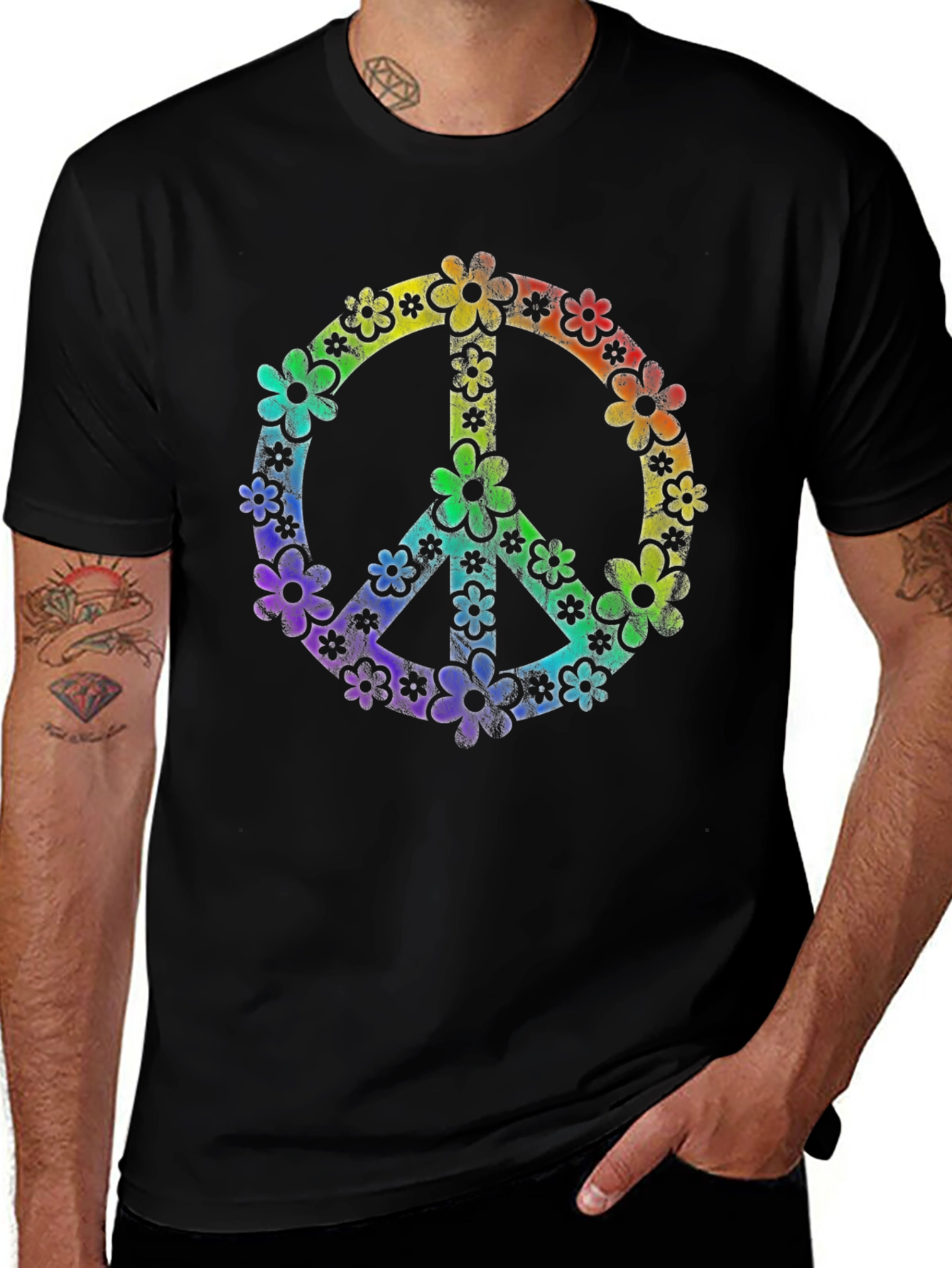 Variant 24 of Retro Floral Peace Sign Black T-Shirt