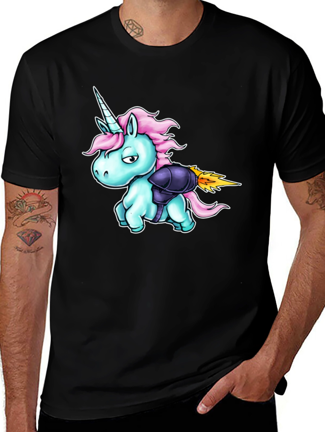 Variant 19 of Unicorn Rocket T-Shirt - Black Cotton Graphic Tee