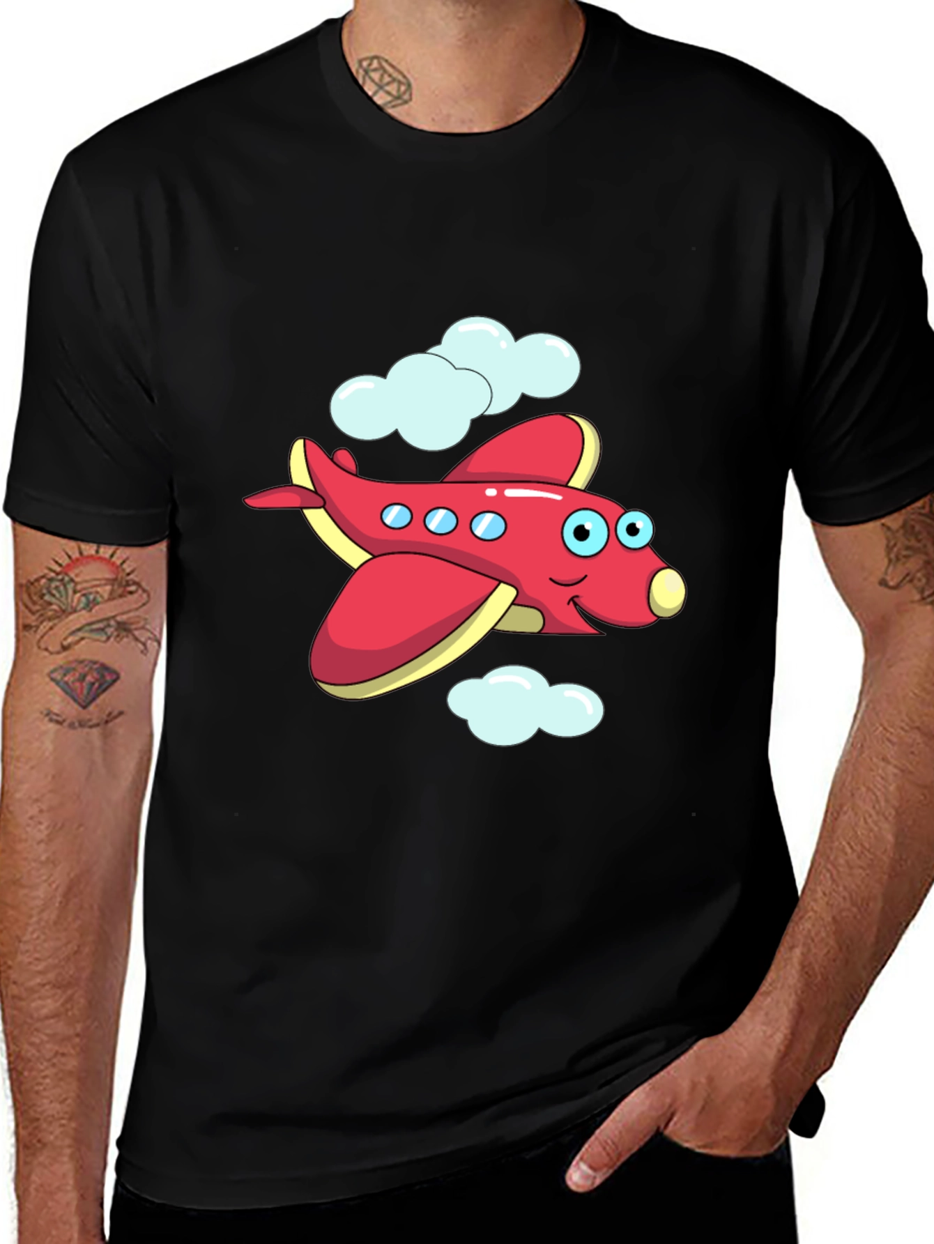 Variant 25 of Cartoon Airplane Graphic Black T-Shirt