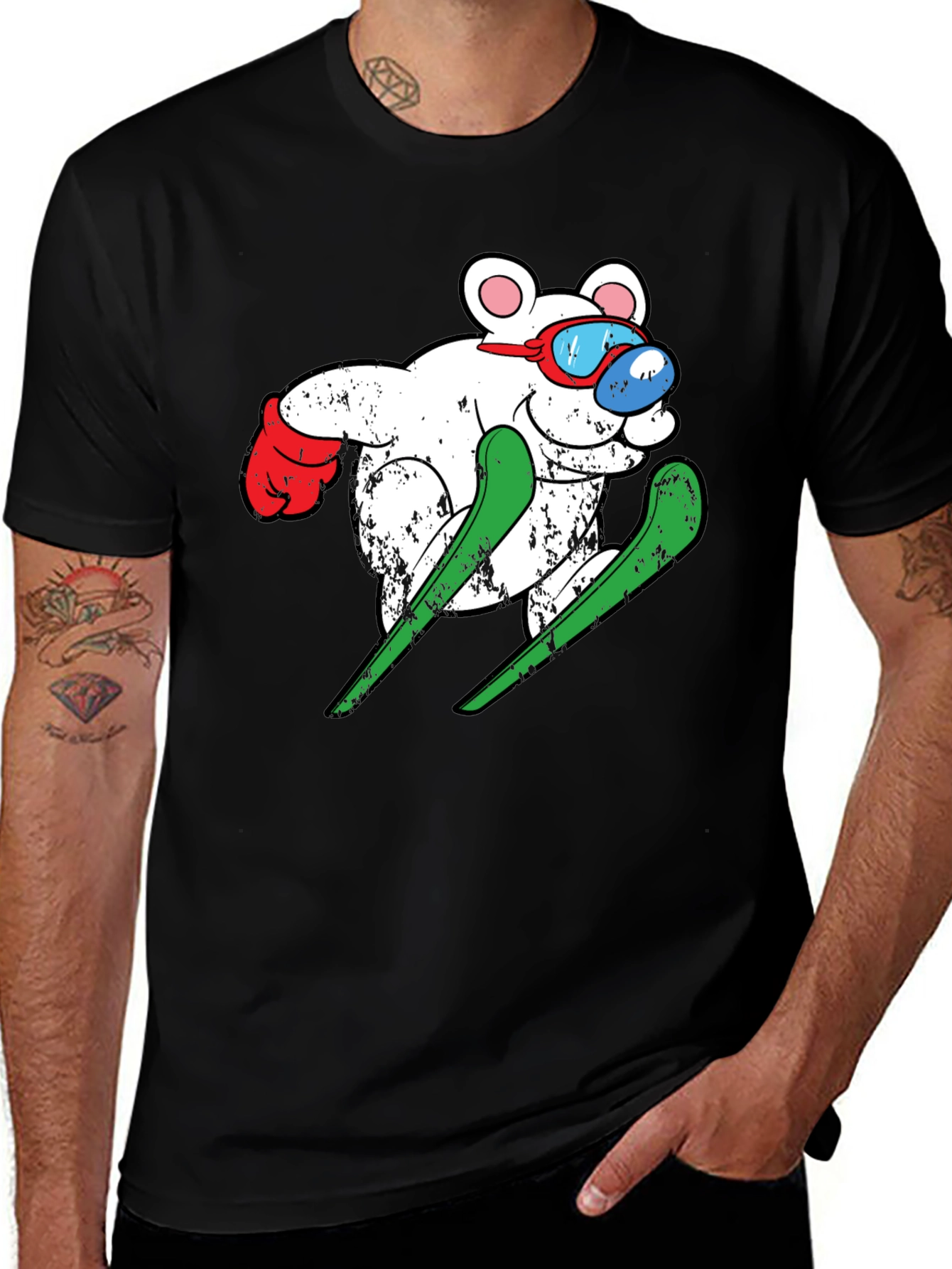 Variant 13 of Skiing Bear Graphic Tee - Black Cotton T-Shirt