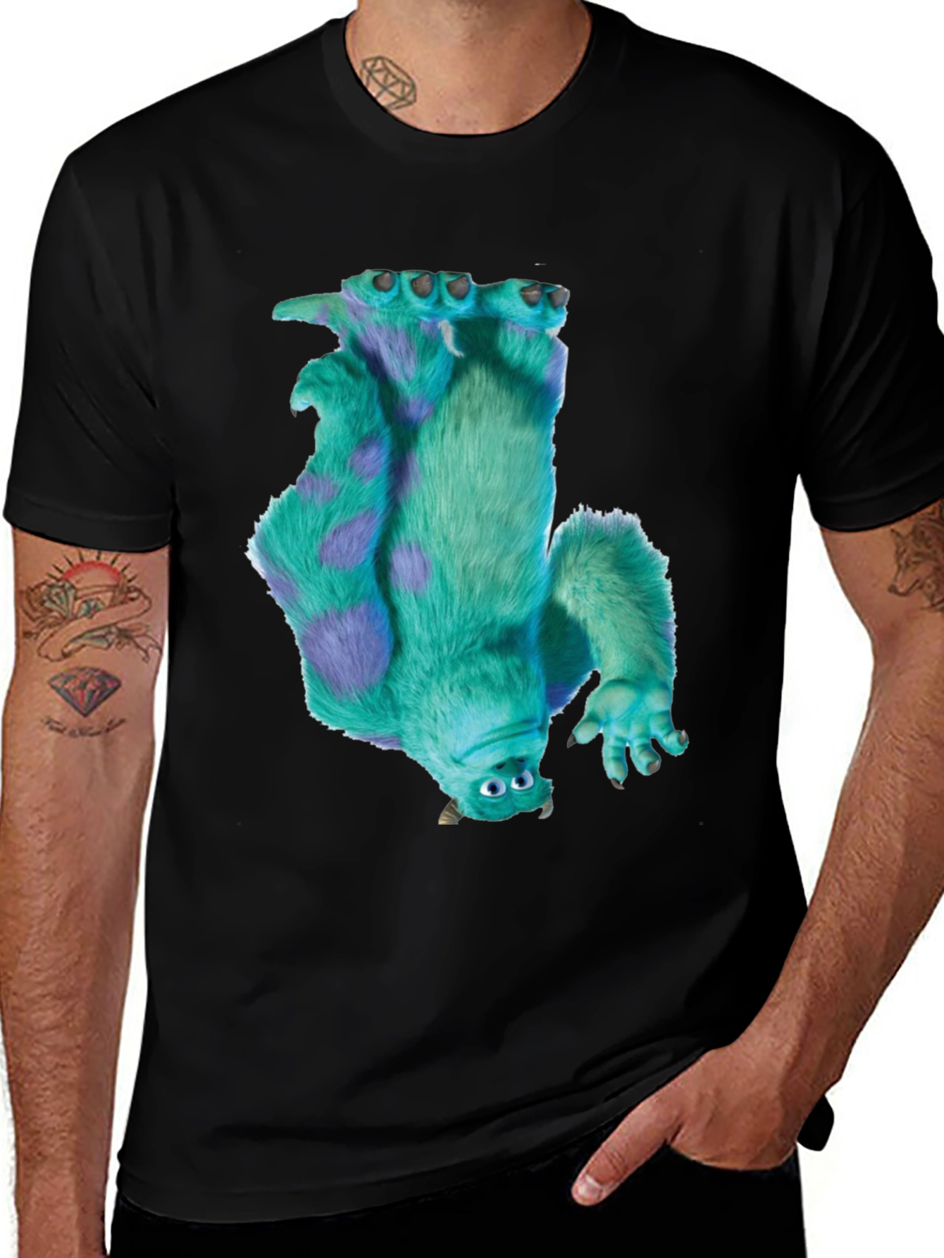 Variant 29 of Monster Tee - Upside Down Fuzzy Monster Graphic Black T-Shirt