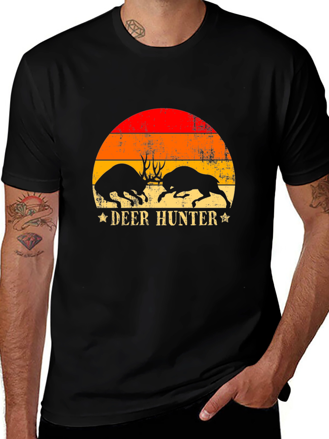 Deer Hunter Graphic Tee - Retro Sunset Design