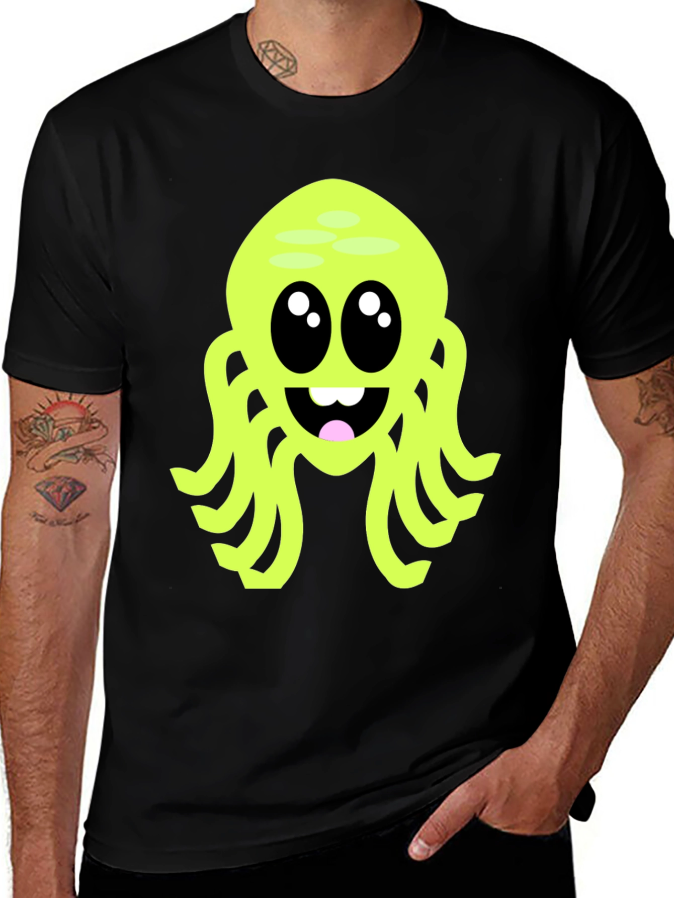 Variant 2 of Cute Cartoon Octopus Graphic Tee - Black