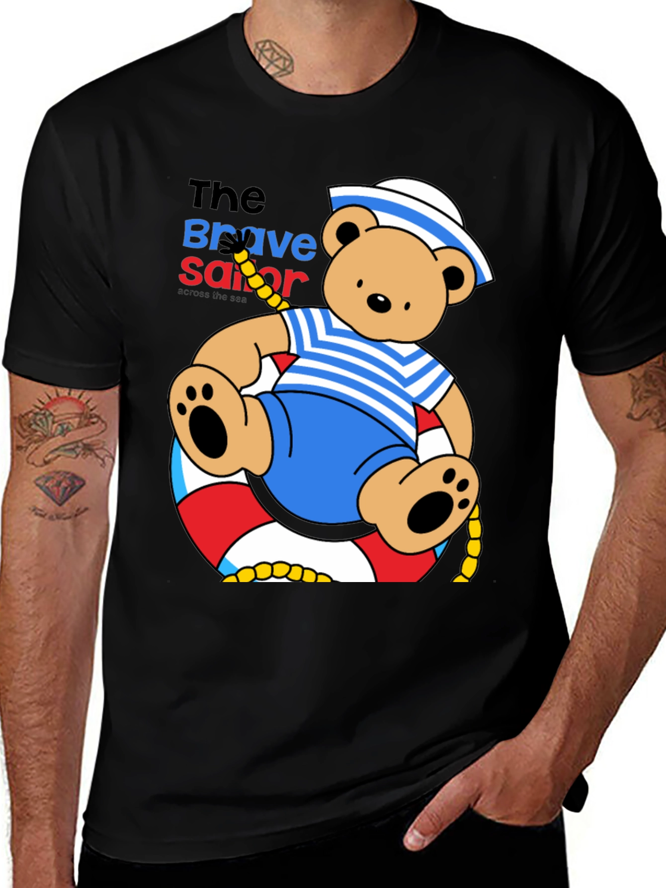 Variant 26 of Brave Sailor Bear Graphic Tee - Black Cotton T-Shirt