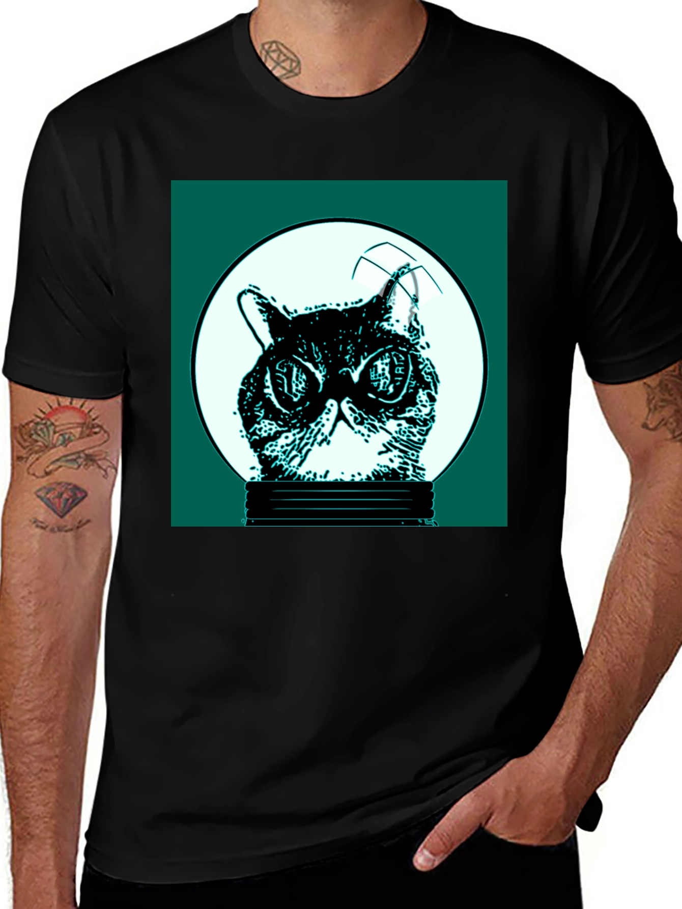 Black Cool Cat in Bulb Graphic Tee main image