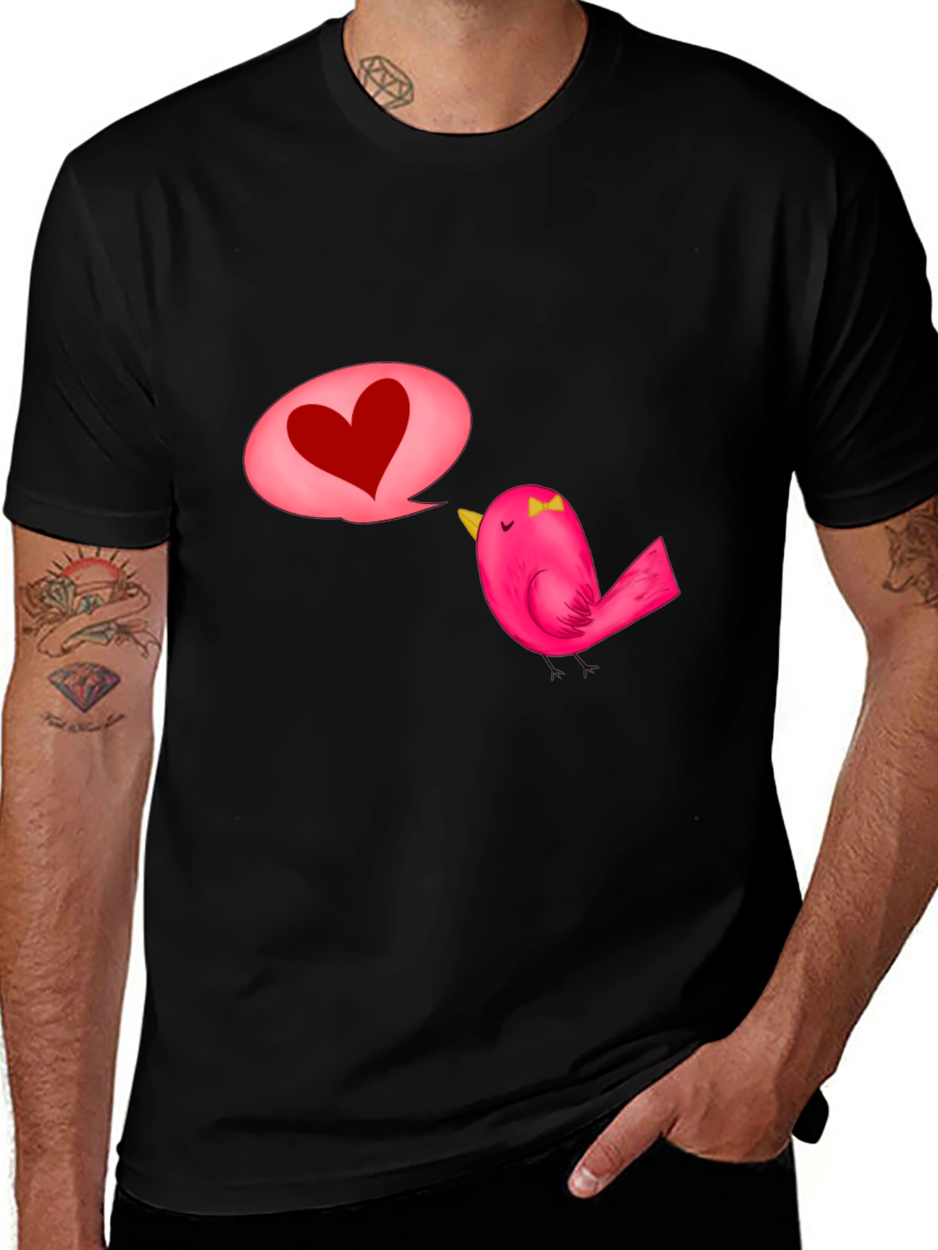 Variant 13 of Black T-Shirt with Cute Bird and Heart