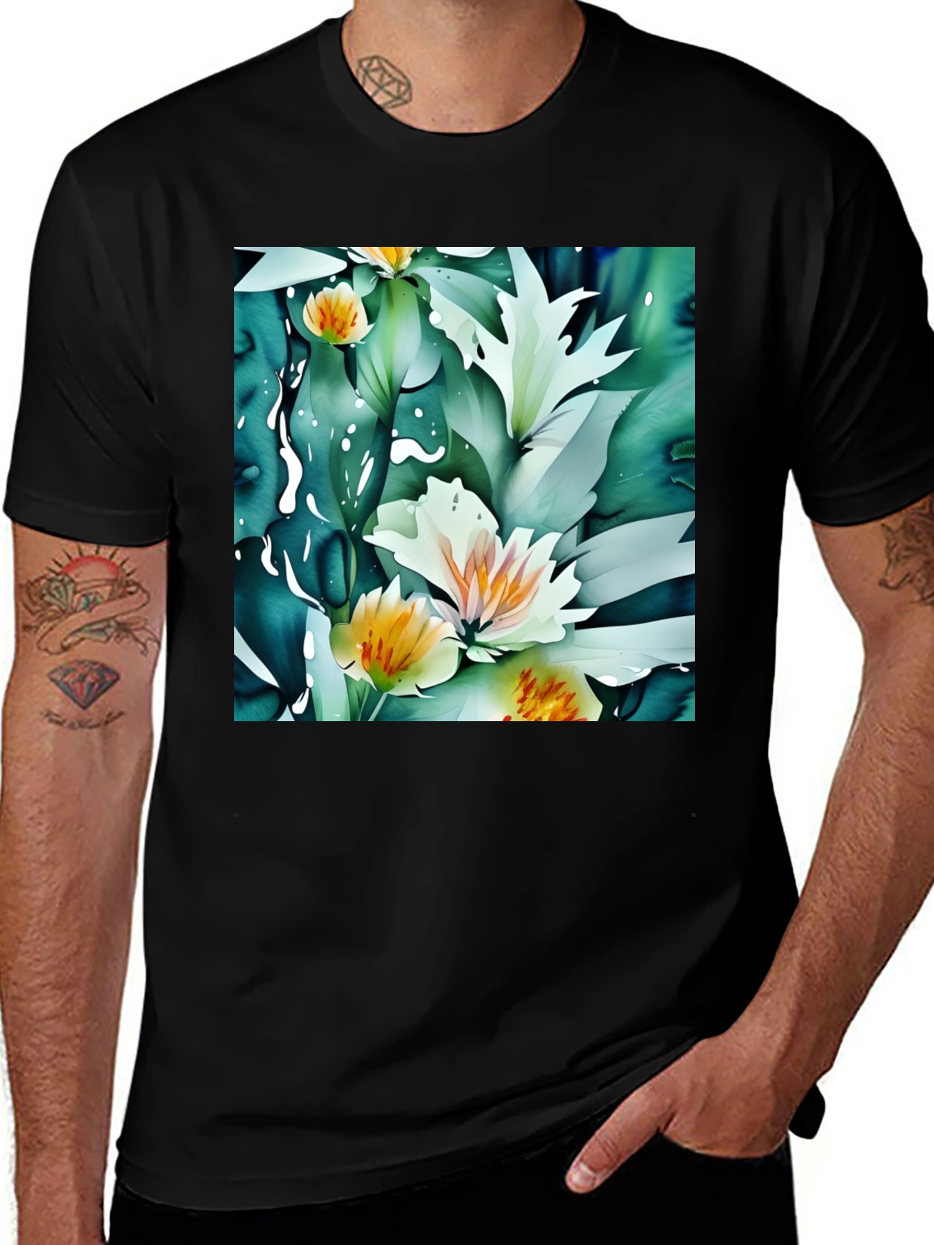 Variant 19 of Floral Print Black T-Shirt - Artistic Botanical Design