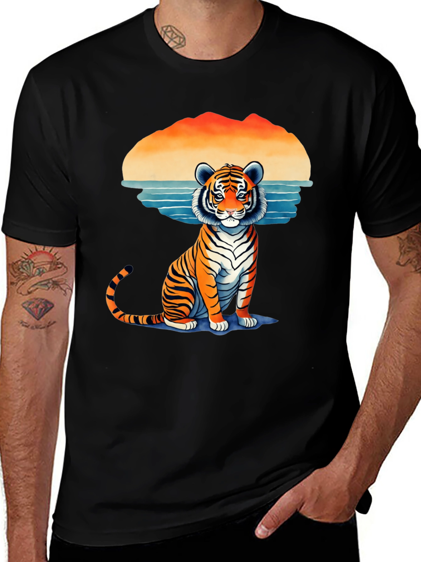 Variant 20 of Tiger Graphic Tee - Retro Sunset Design