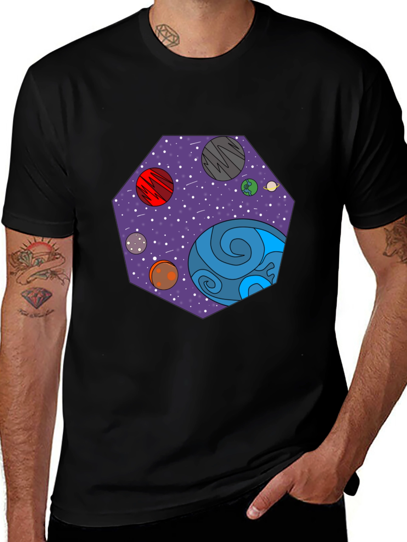Variant 13 of Cosmic Planets Graphic Tee - Black Cotton T-Shirt