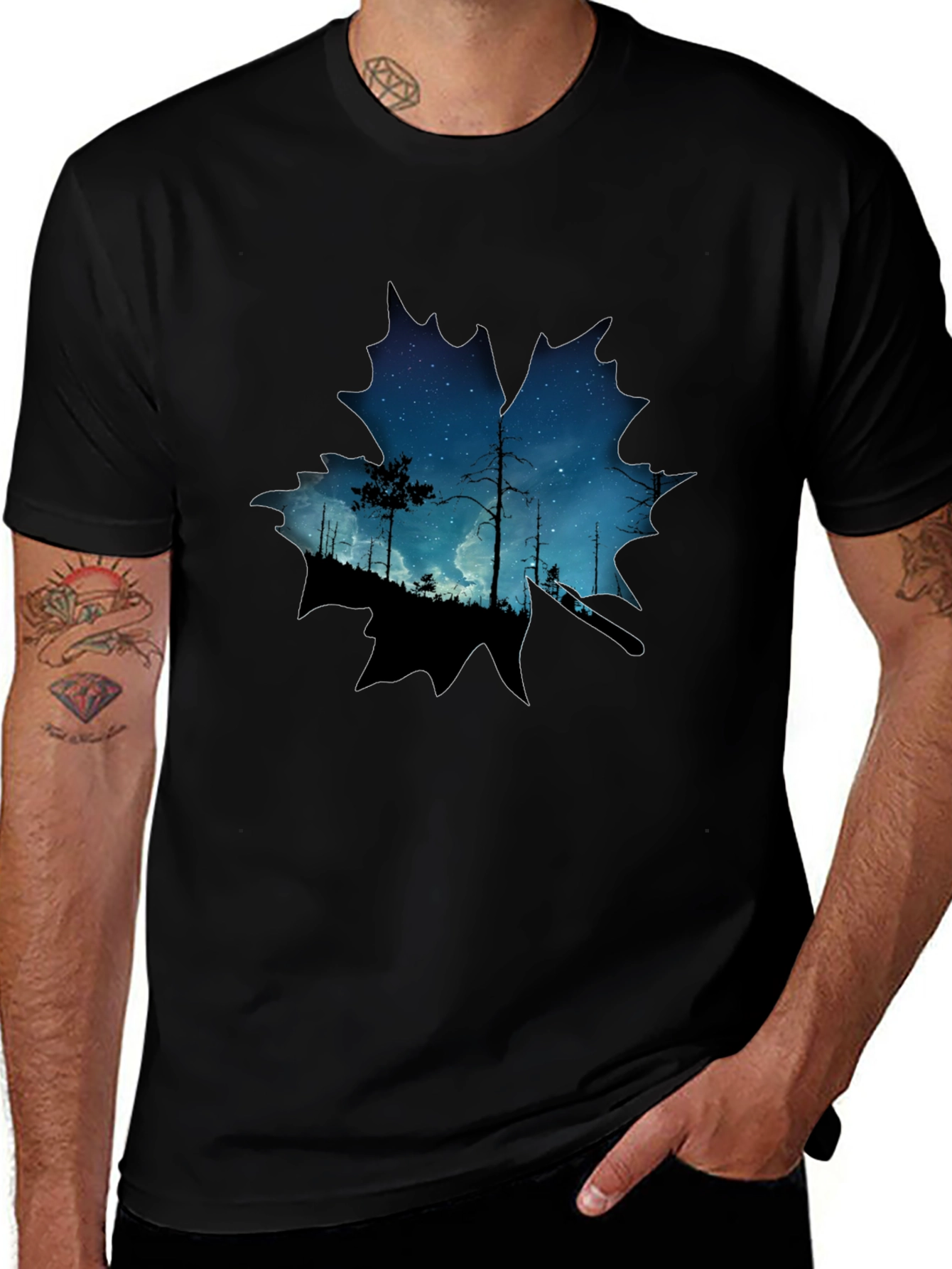 Variant 9 of Starry Night Maple Leaf Graphic Tee - Black