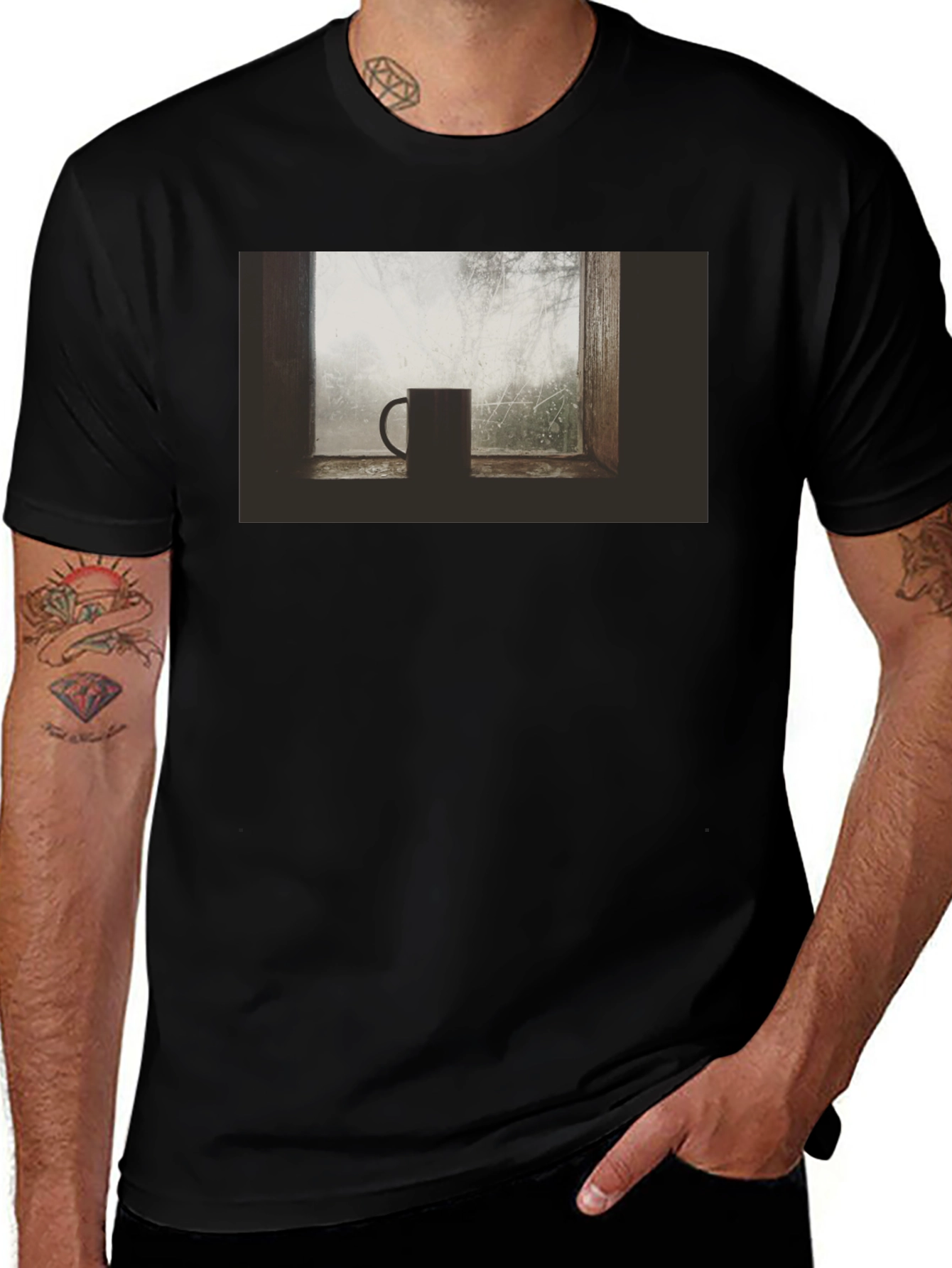 Variant 20 of Rainy Day Coffee T-Shirt - Cozy Window Scene
