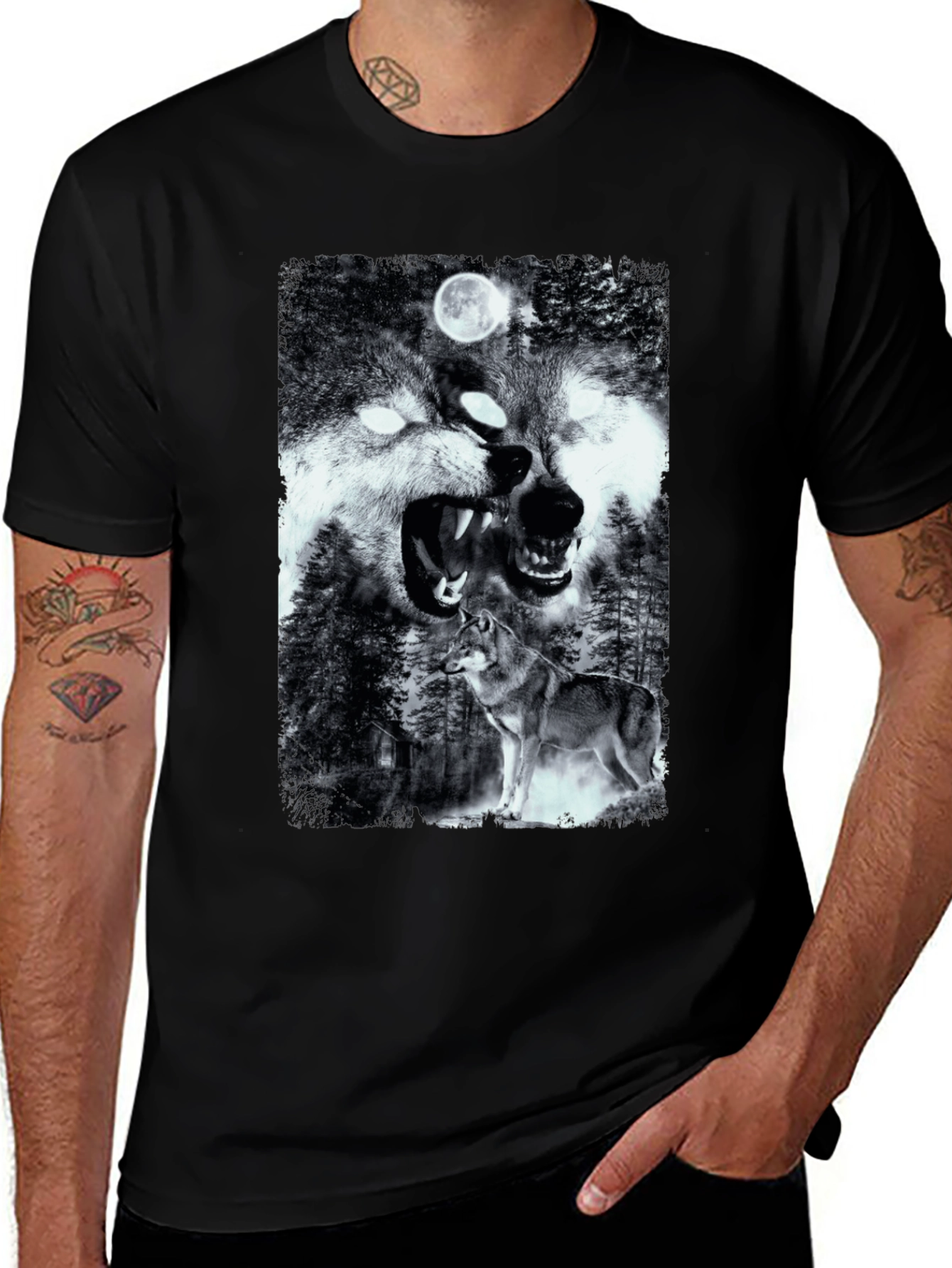 Variant 15 of Wolf Pack Graphic T-Shirt - Black Cotton Tee