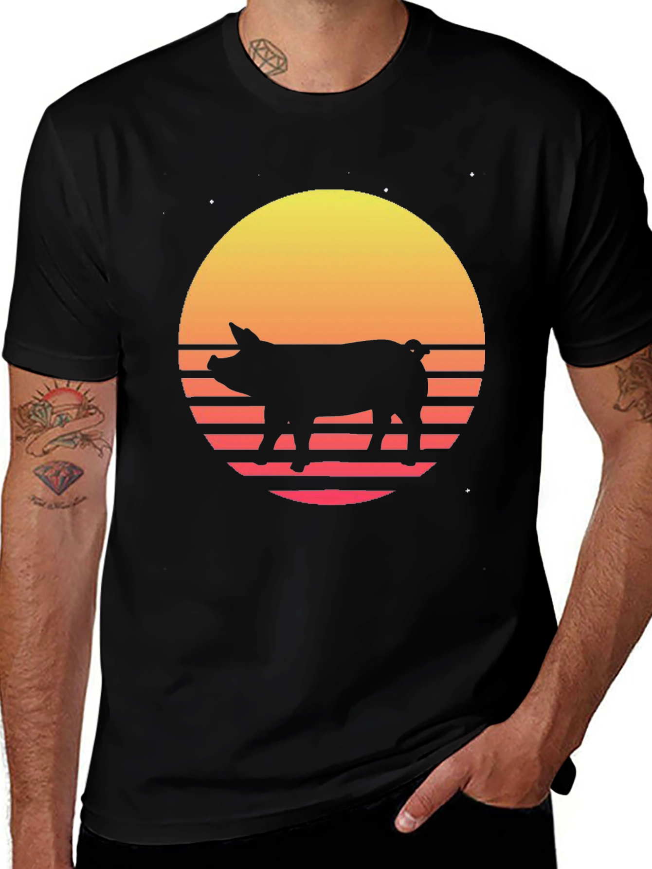 Variant 29 of Retro Pig Sunset Black T-Shirt