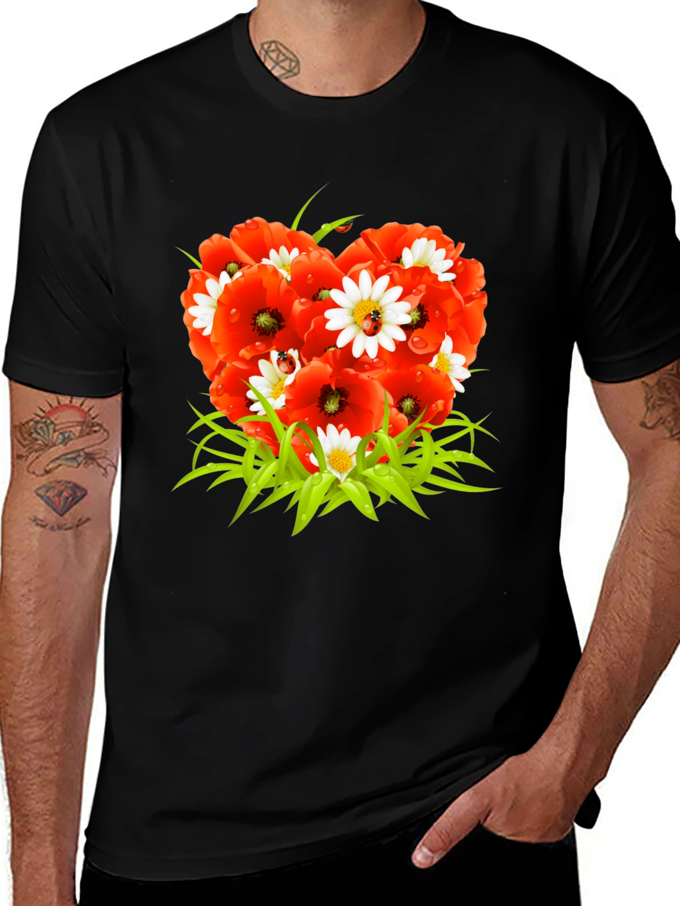 Variant 14 of Floral Heart Graphic Tee - Black Cotton Blend