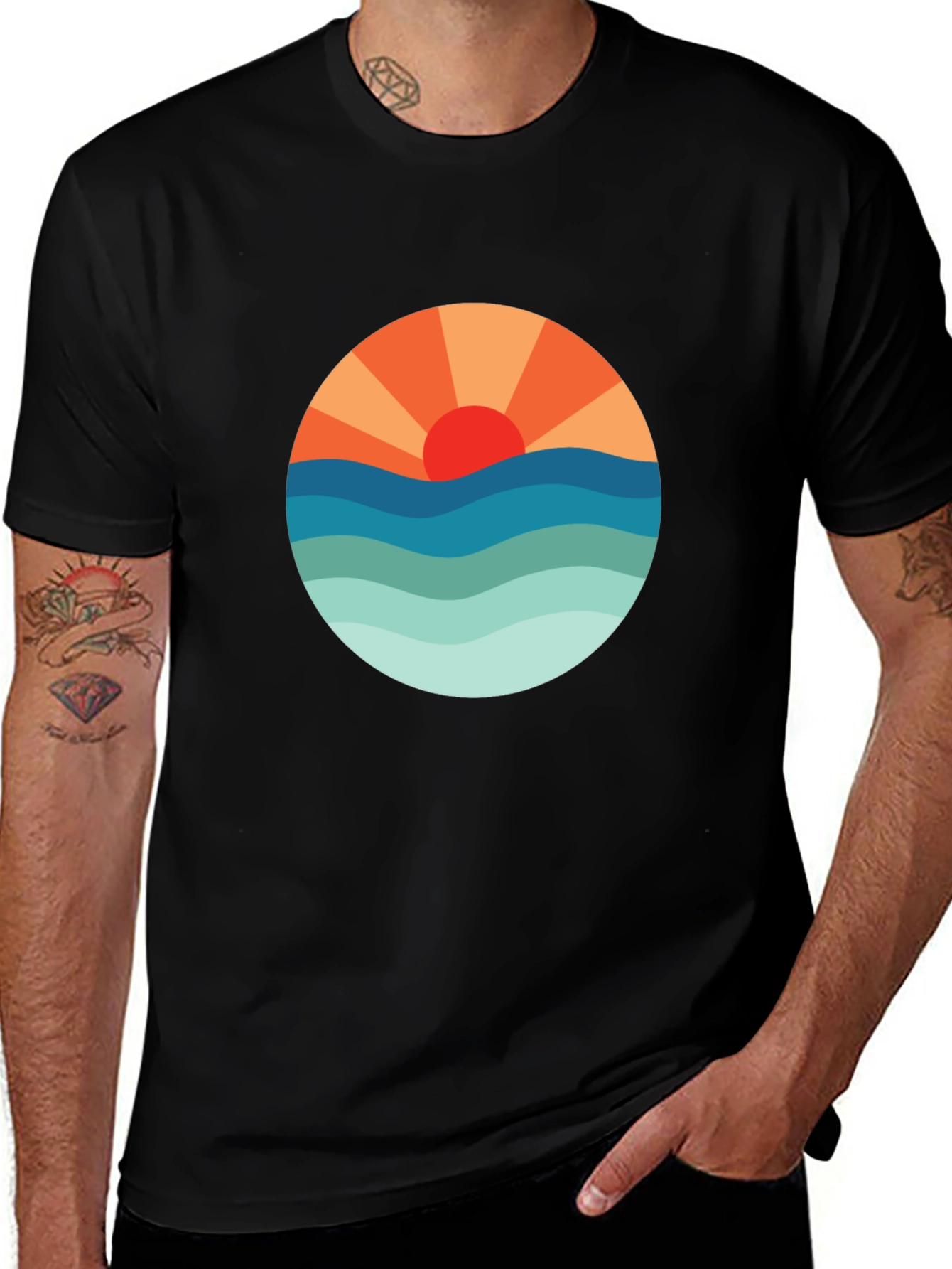 Variant 7 of Sunset Waves Graphic Tee - Black Cotton Blend