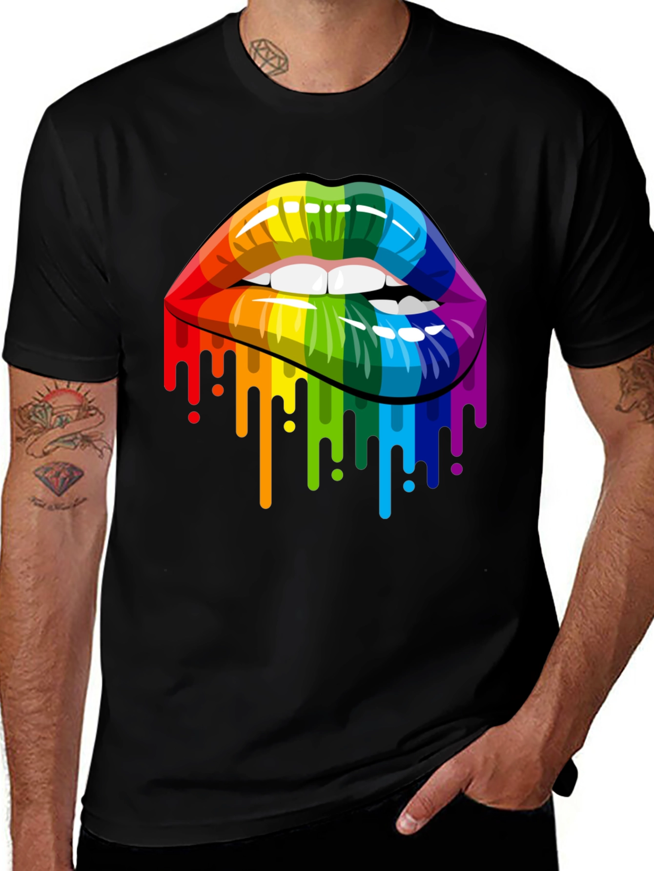 Rainbow Lips Drip Graphic Tee - Black