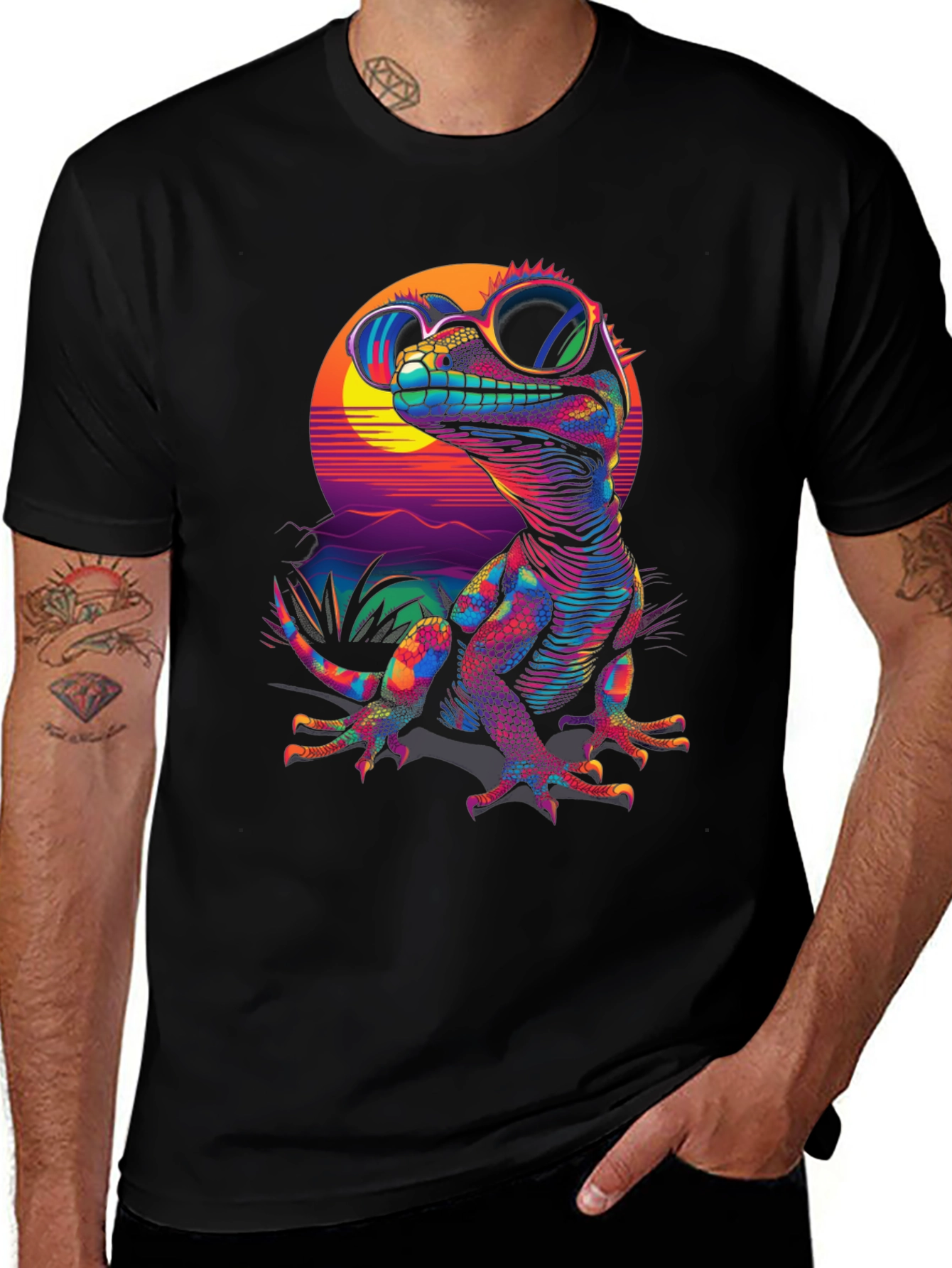 Variant 8 of Cool Lizard Graphic Tee - Retro Sunset Design