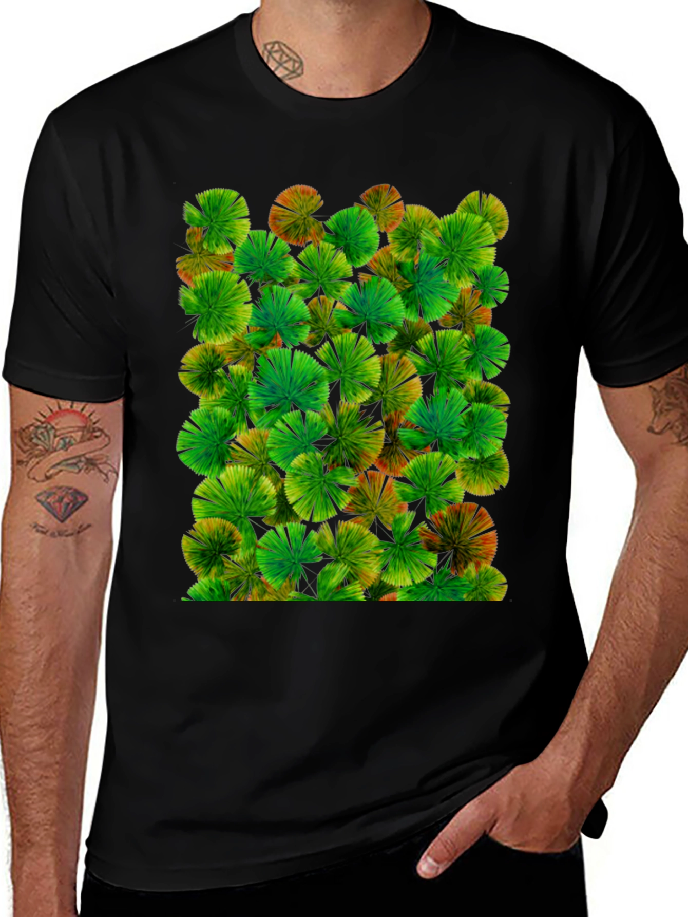 Variant 27 of Tropical Green Fan Palm Print Black T-Shirt