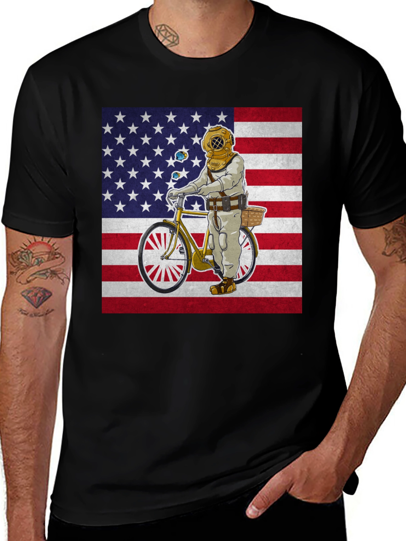 Variant 14 of Diver on Bike USA Flag Graphic Tee