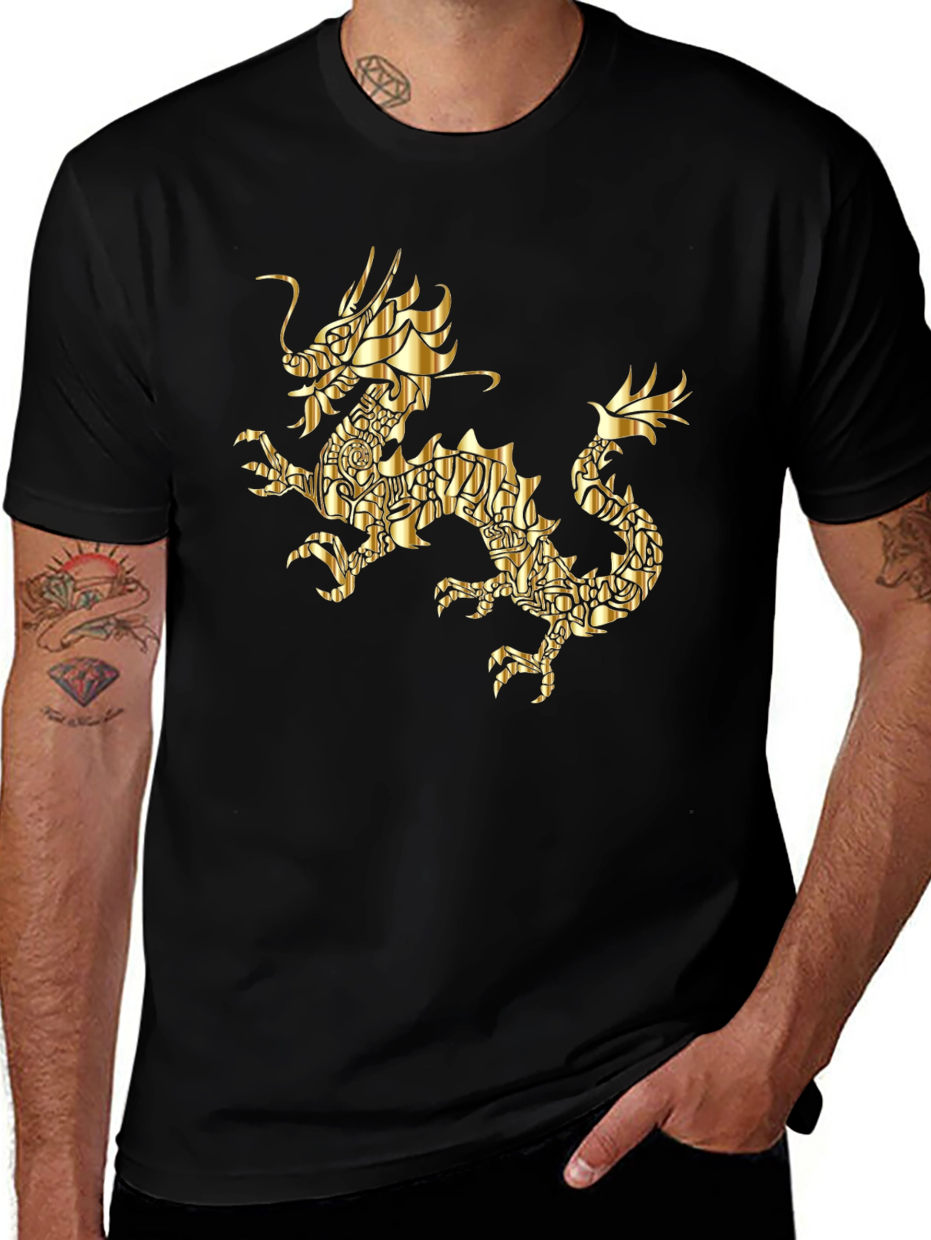 Variant 13 of Golden Dragon Graphic Print Black T-Shirt