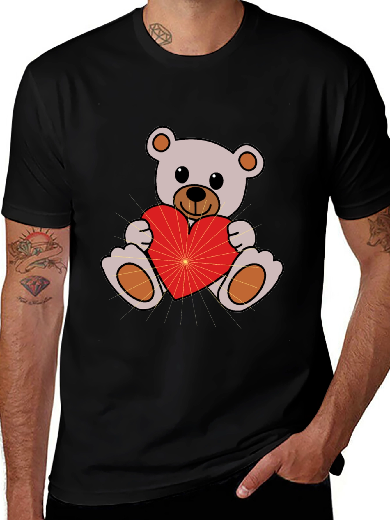 Variant 6 of Cute Teddy Bear Holding Heart Black T-Shirt