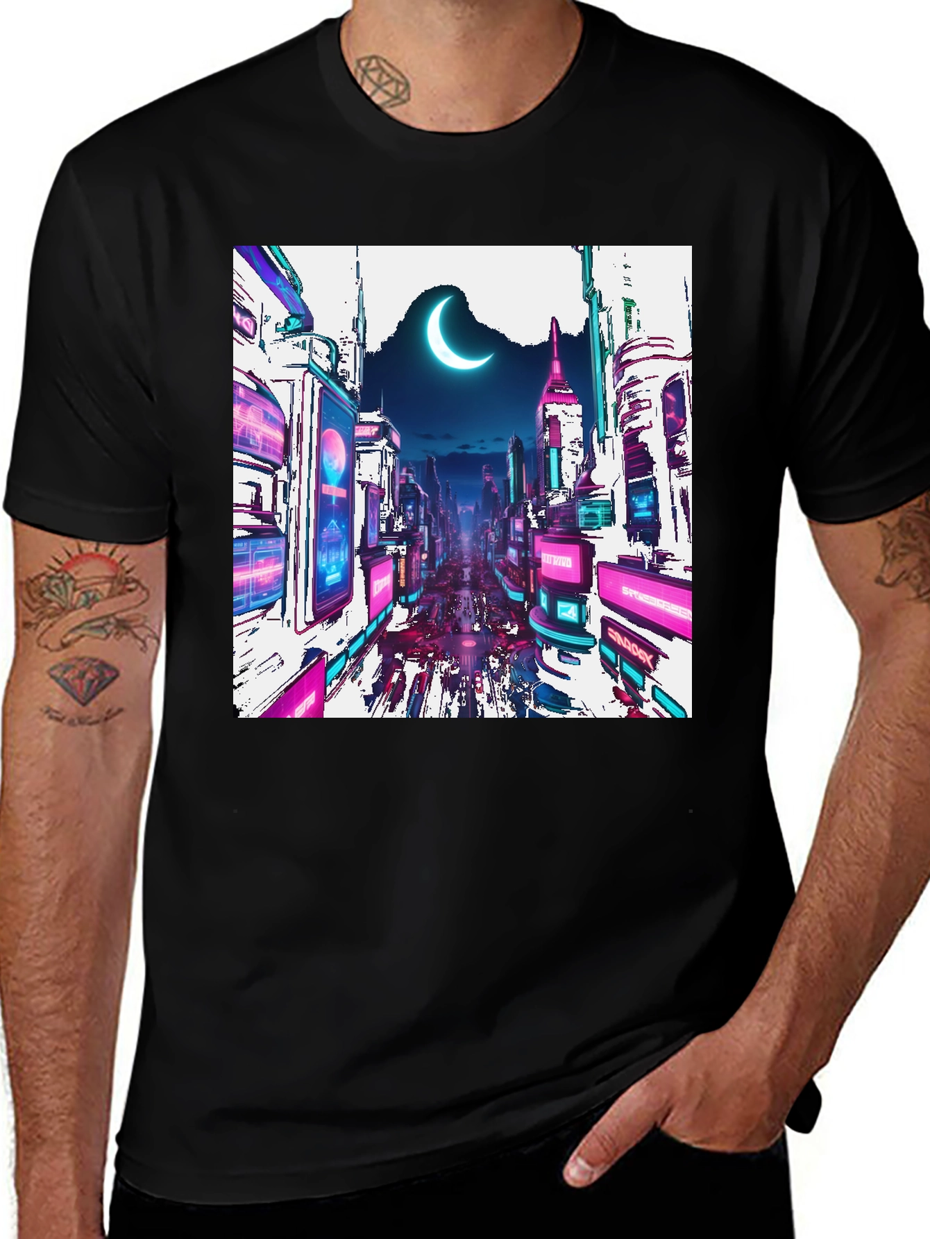 Black Cyberpunk Cityscape Graphic Tee - Crescent Moon Edition main image