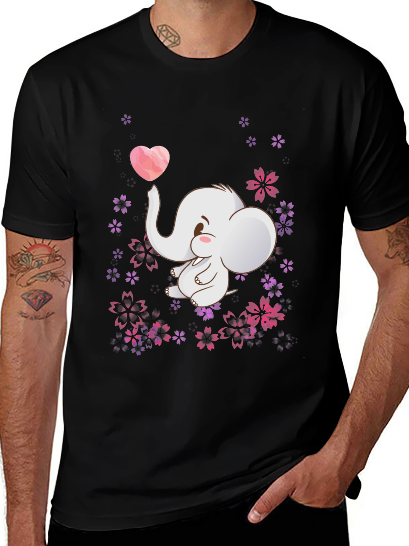 Variant 13 of Cute Elephant Heart Flowers Black T-Shirt