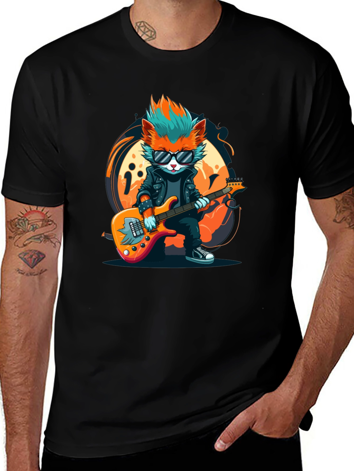 Variant 18 of Cool Cat Guitarist Graphic T-Shirt - Rock Star Style