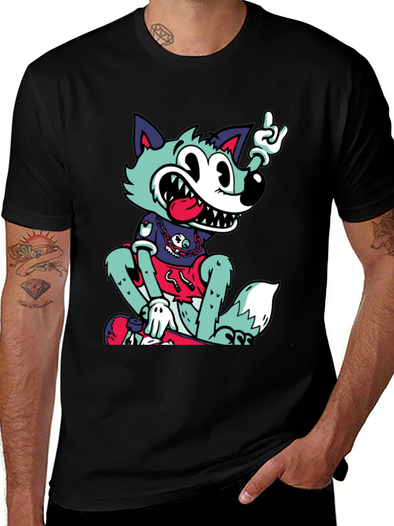 Variant 5 of Cartoon Wolf Graphic Black T-Shirt