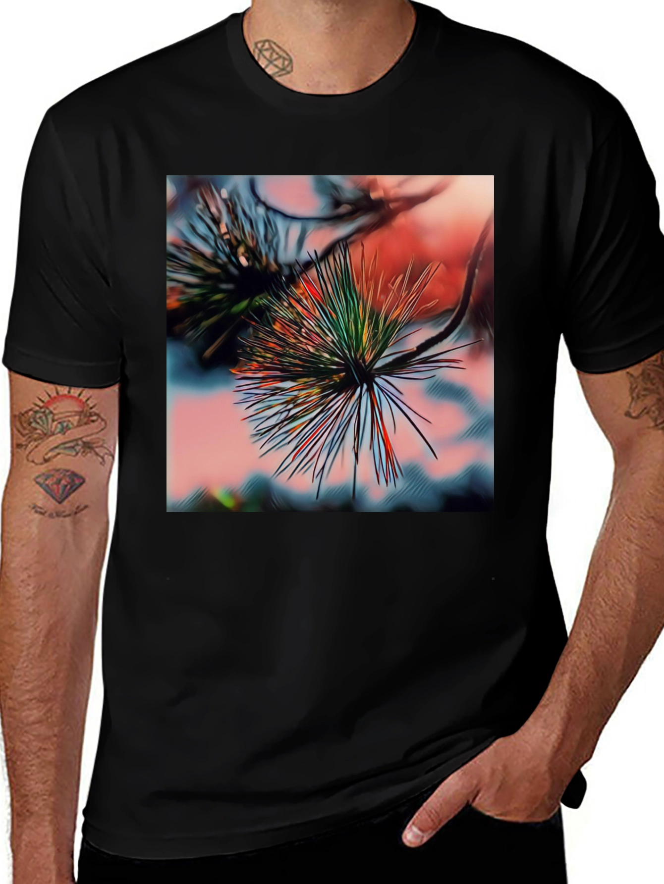 Variant 20 of Abstract Pine Needle Graphic Black T-Shirt