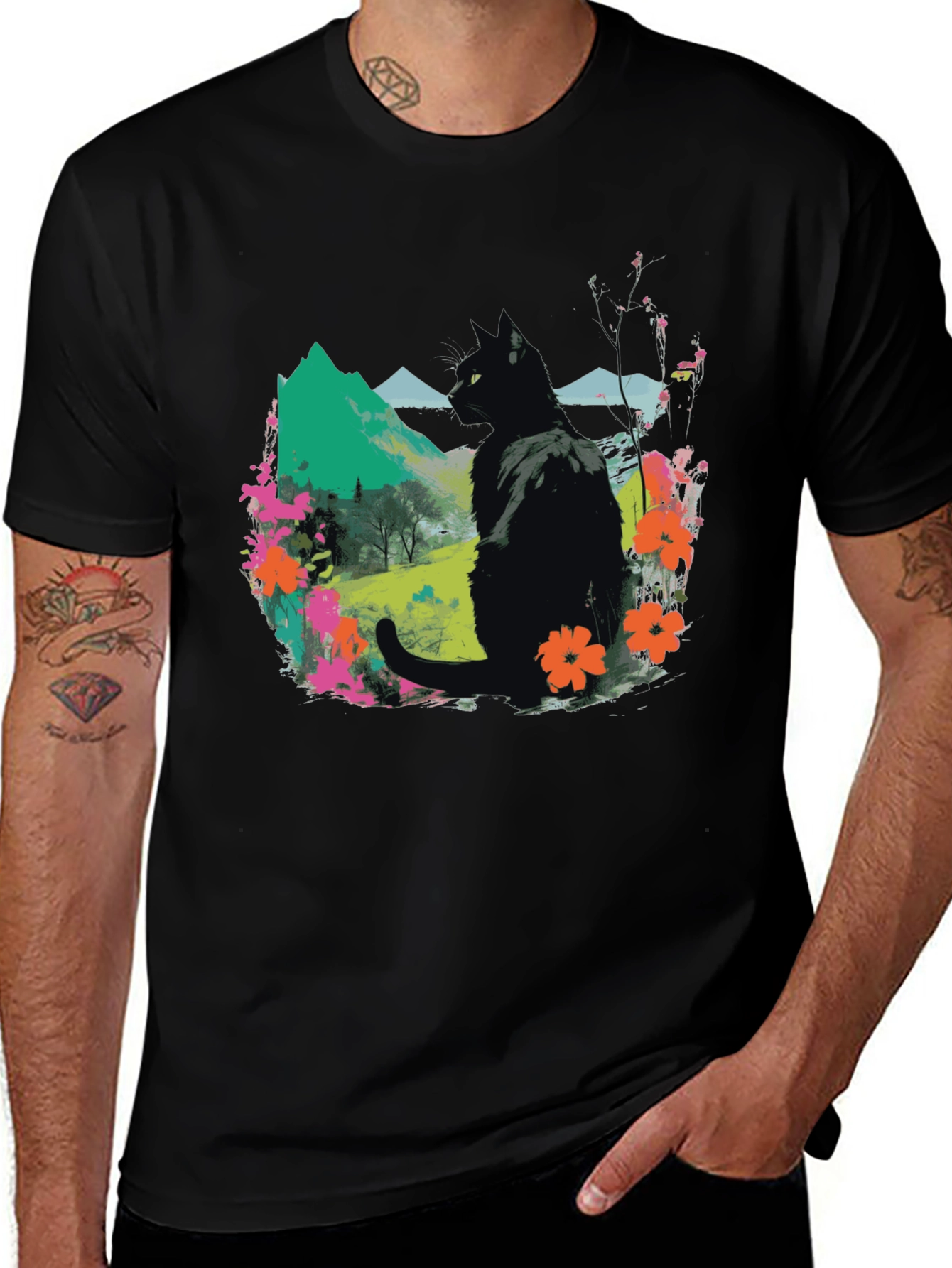 Variant 2 of Black Cat Floral Landscape Graphic Tee