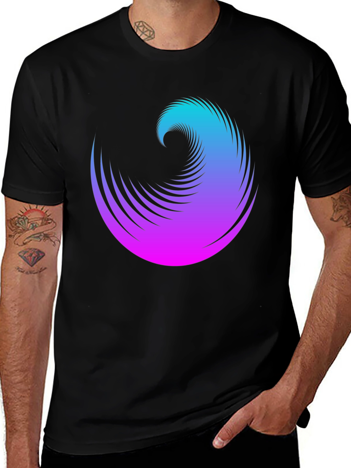 Variant 19 of Gradient Wave Graphic Tee - Black Cotton Blend Shirt