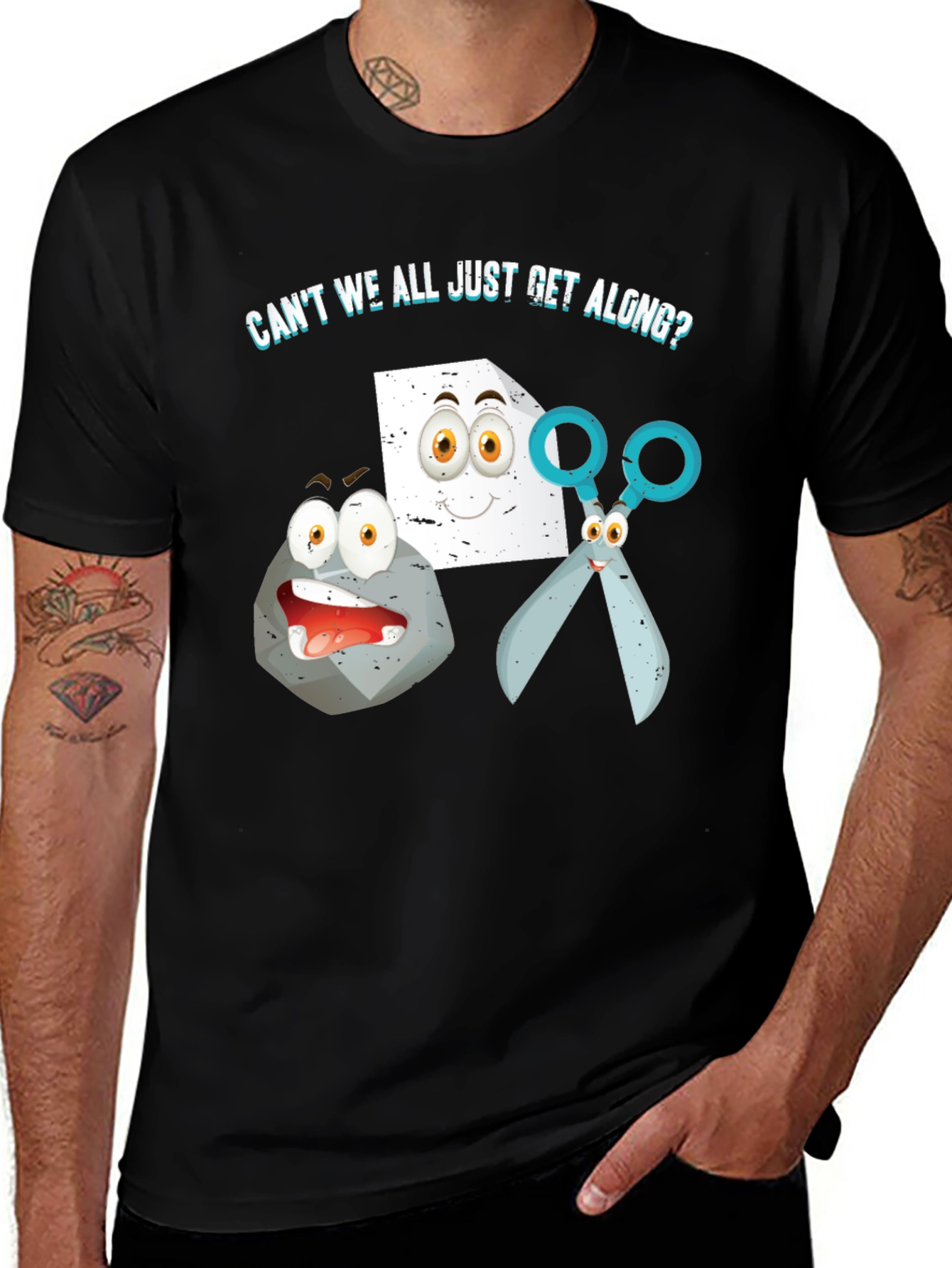 Variant 11 of Rock Paper Scissors T-Shirt - "Can't We All Get Along?"