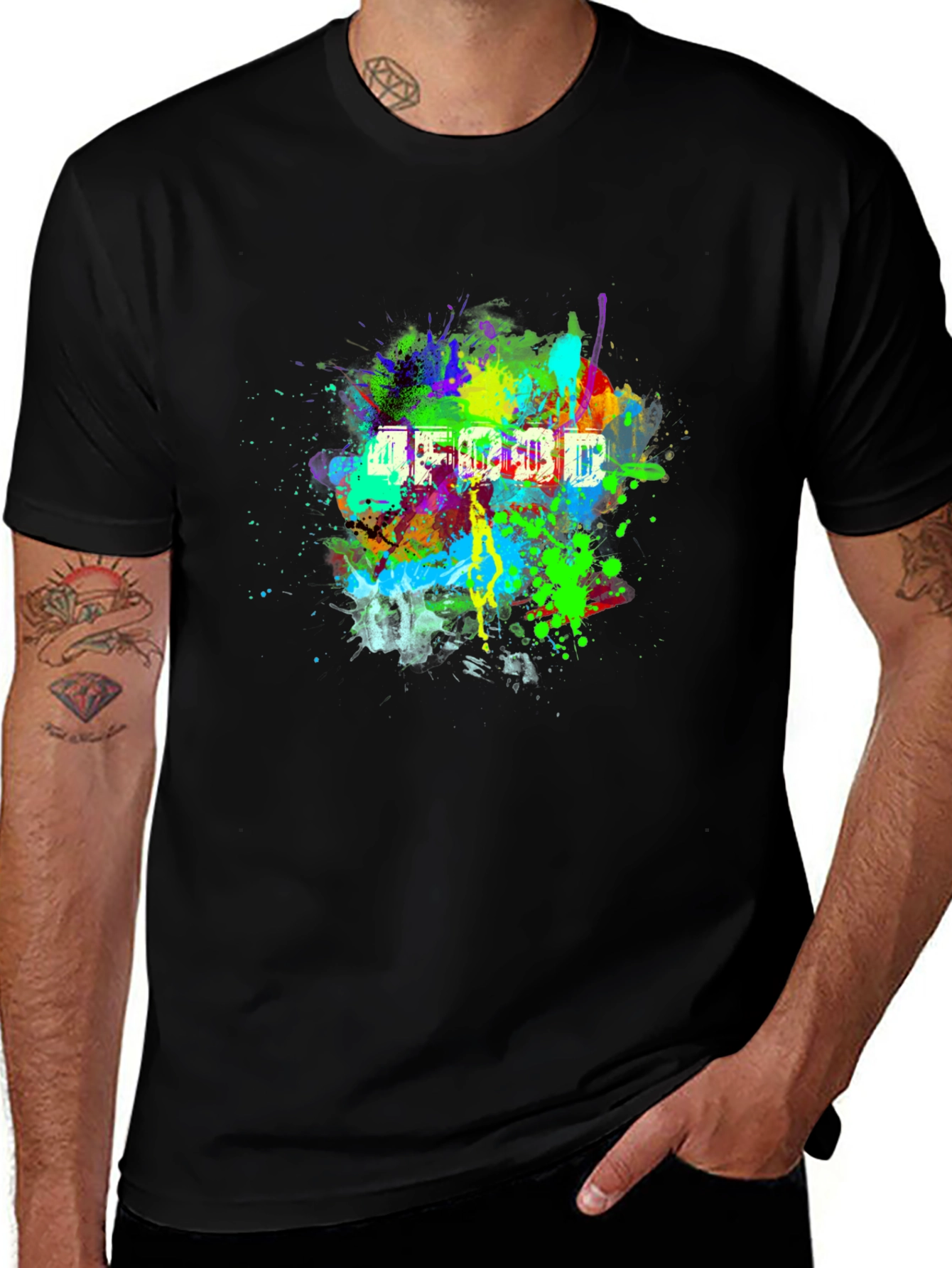 Variant 24 of Vibrant Abstract Splatter Print Black T-Shirt