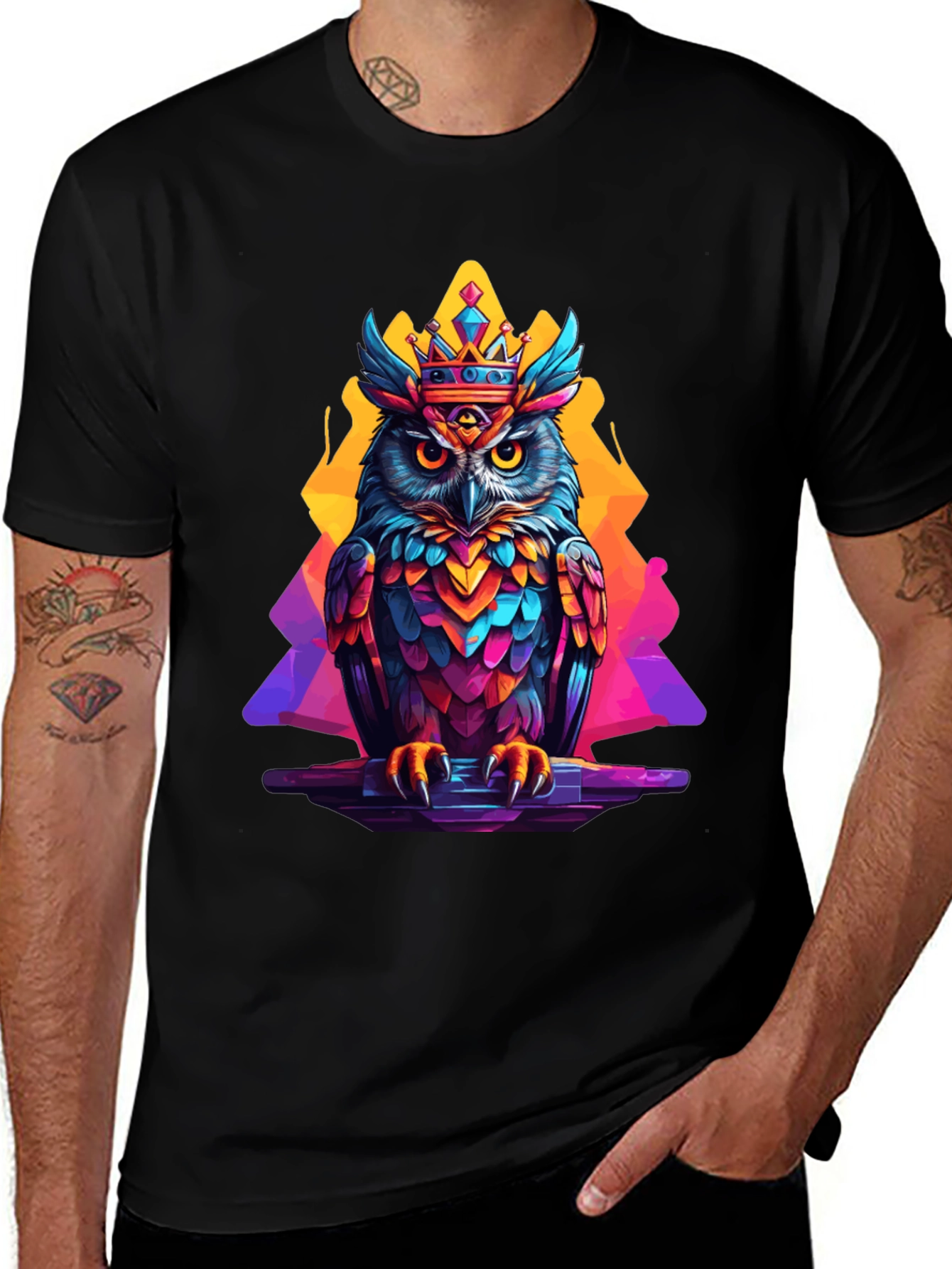 Variant 12 of Colorful Crowned Owl Graphic Tee - Black Cotton T-Shirt