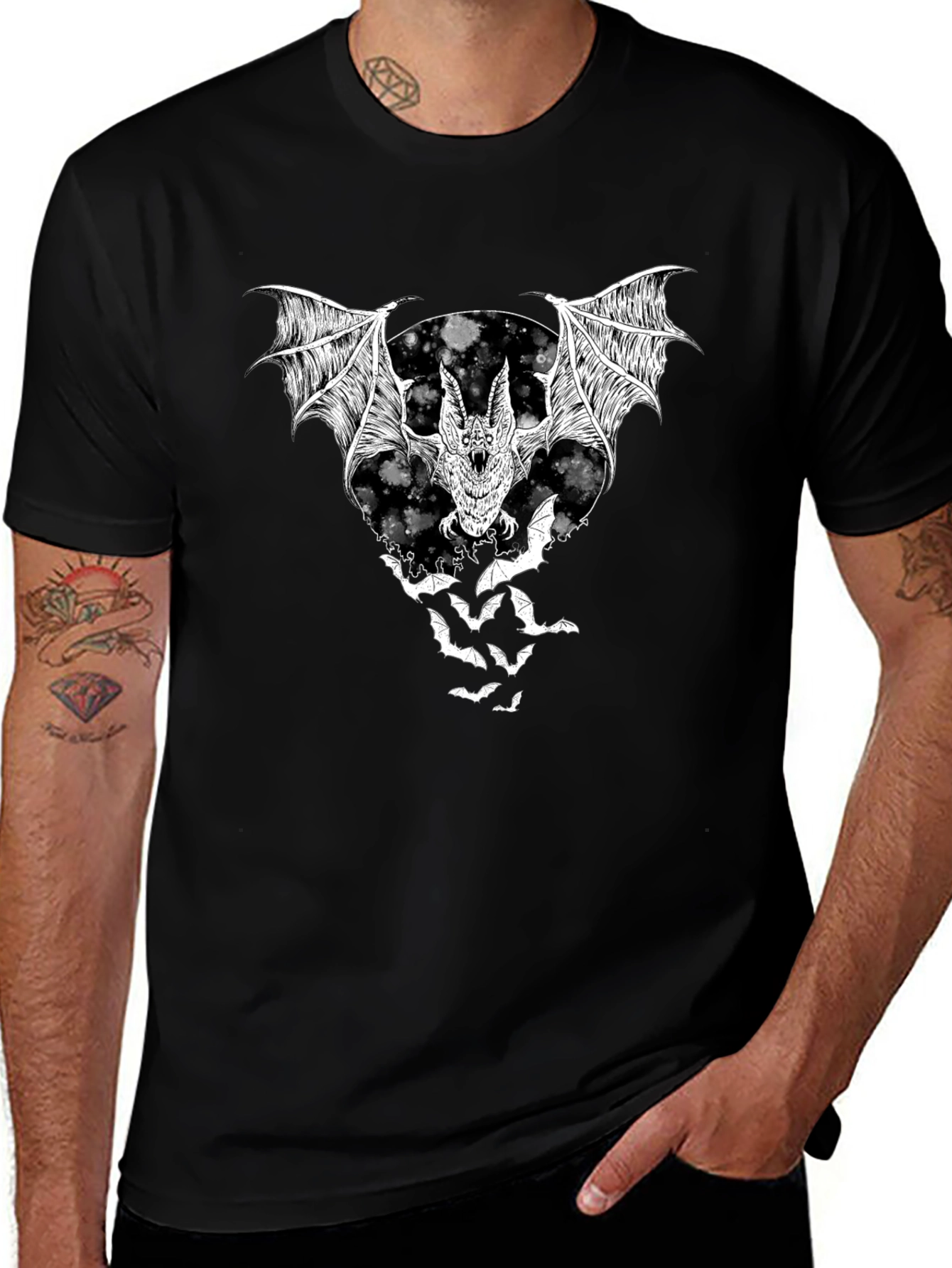 Black Bat Moon Graphic Print Black T-Shirt main image