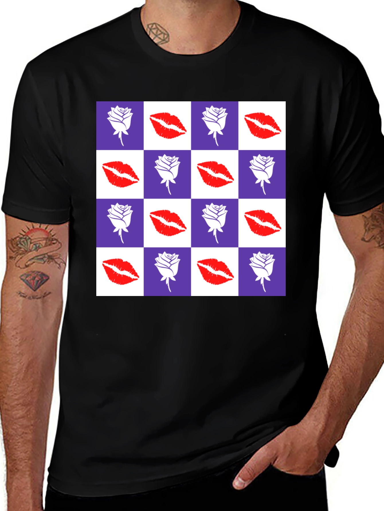 Rose & Lips Pattern Graphic Tee - Stylish Streetwear