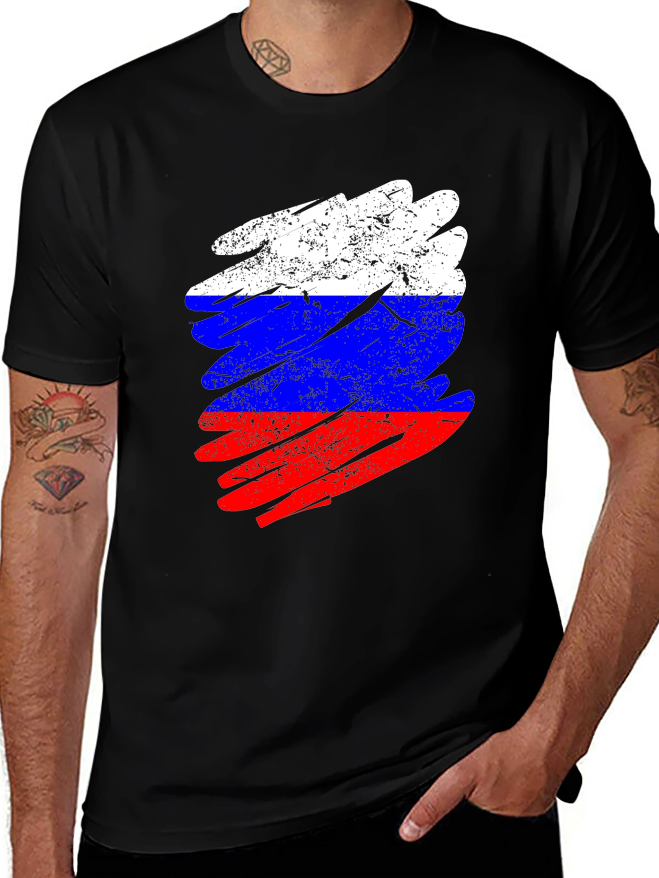 Distressed Russian Flag T-Shirt - Crew Neck, Short Sleeve